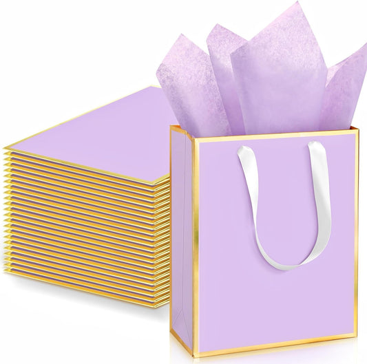 Yeaqee 24 Pack Metallic Paper Gift Bags with Handle and Tissue 9x7x3.1 Gold Foil Welcome Favor Bags Return Gifts for Wedding Fall 5 Senses Christmas Bridesmaid Birthday(Lavender, Gold)