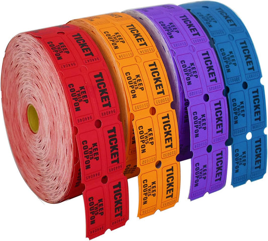 SEETOOOGAMES Raffle Tickets Double Roll - Full Set of 4 Colors, 2000 Tickets/Colors, 50/50 Raffle Tickets for Events (Red, Blue, Orange, Purple)