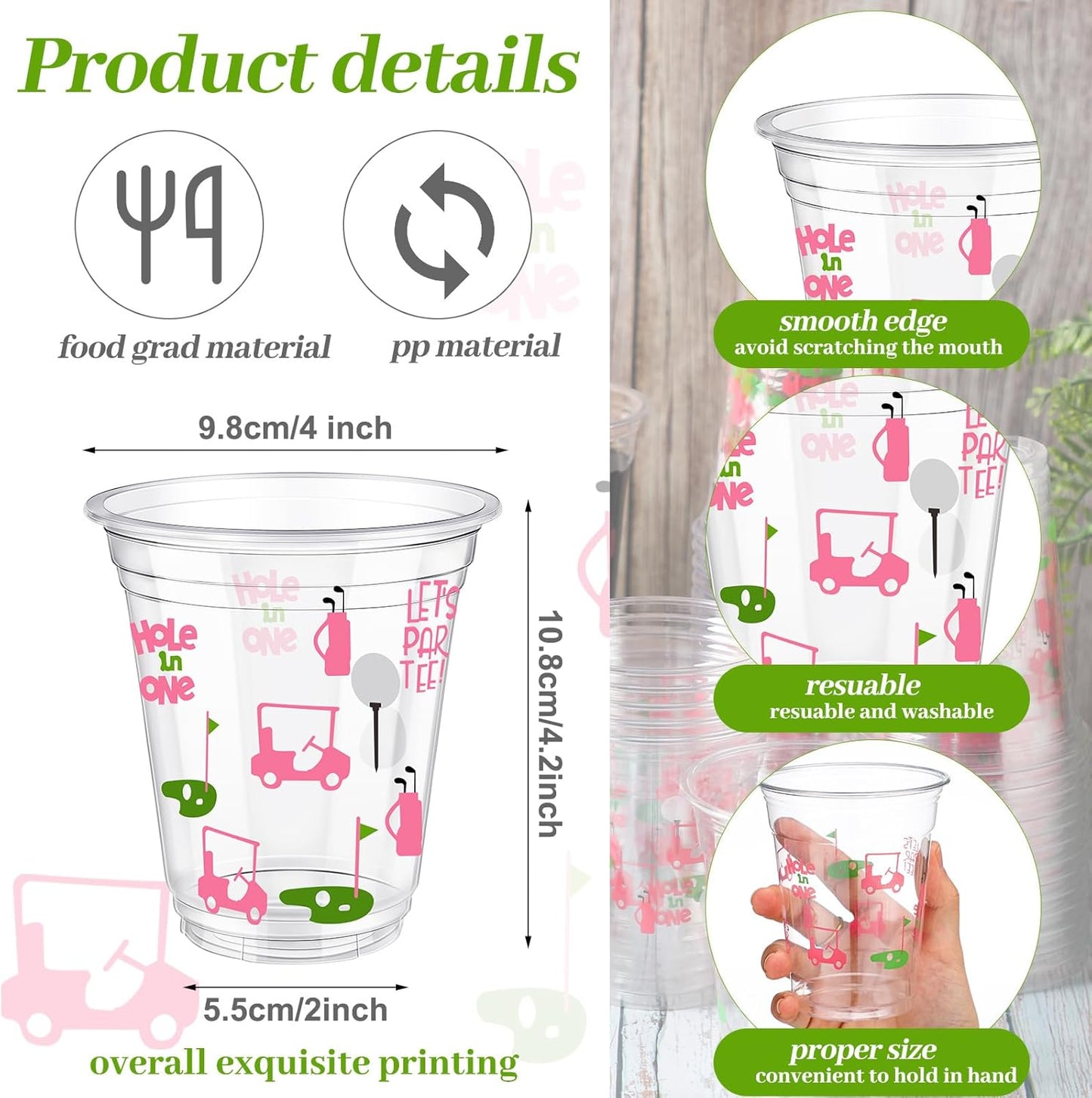 100 Pcs Masters Golf Ball Party Supplies Bulk Clear Plastic Cups 12oz Disposable Let's Par-tee for Home Sports Golf Themed Birthday Bachelor Party Supplies Favors (Pink)