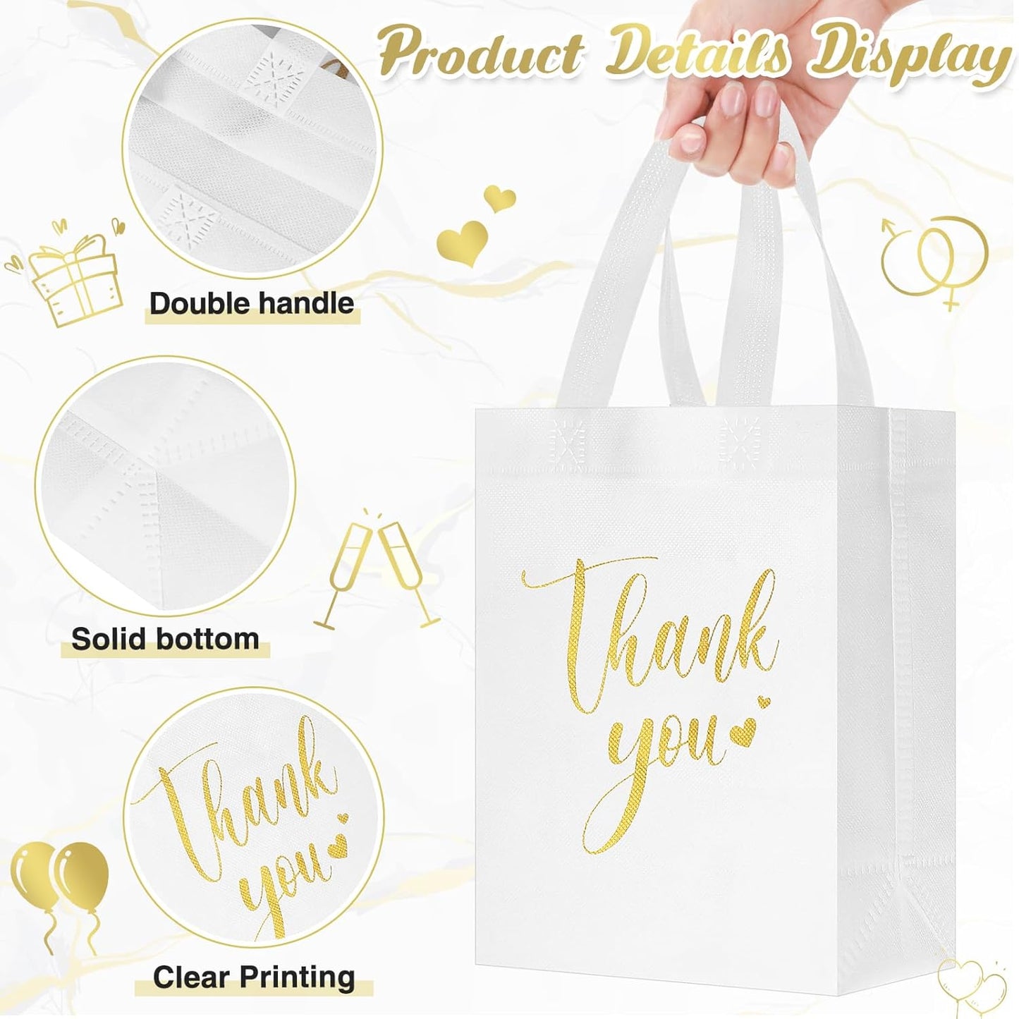 Sweetude 30 Pcs Thank You Gift Bags with Handles Bulk Reusable Goodie Bag Non Woven Foldable Handbag for Graduation Wedding Bridesmaid Gifts(10 x 8 x 4 Inch,White)