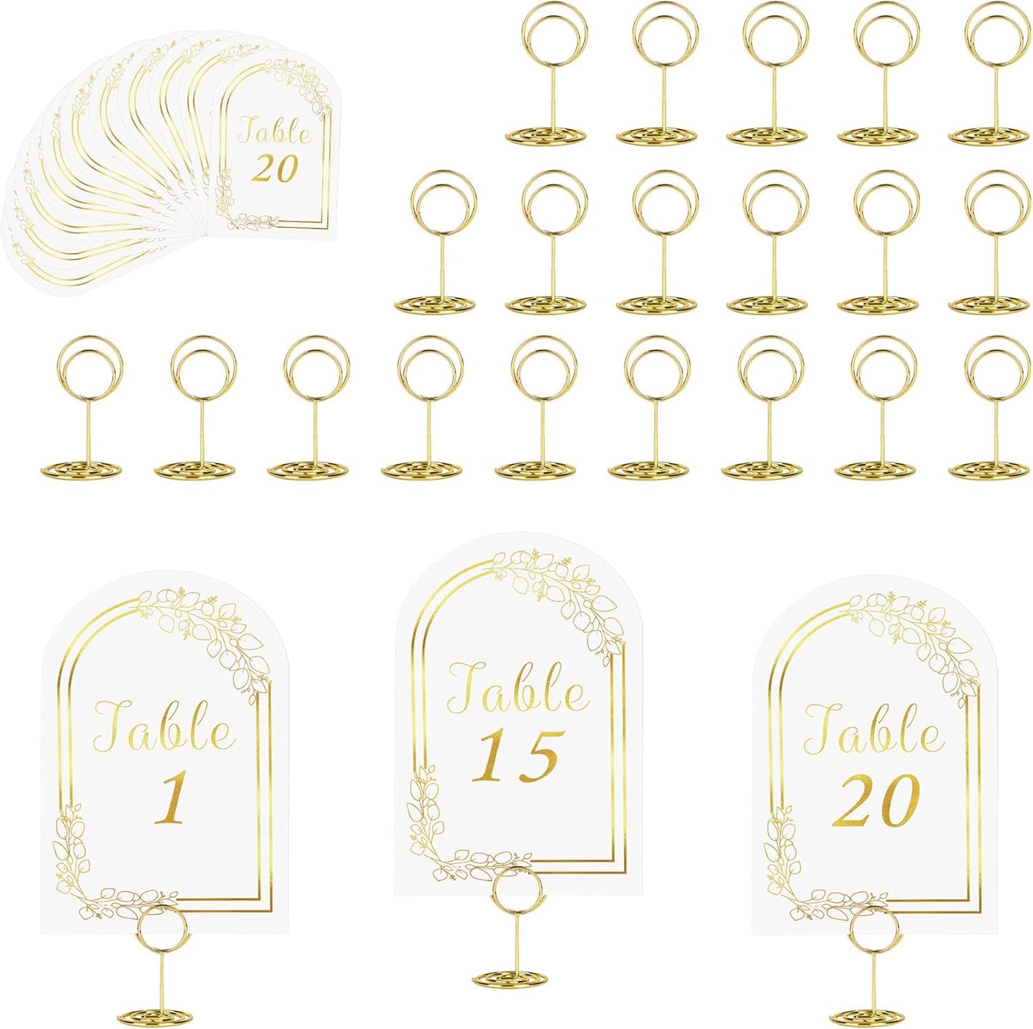 JOYIT 20 Sets Wedding Table Numbers 1-20 with 20 Pcs Holders, White Gold Cards with Place Card Holders, 4" x 6" for Wedding Reception and Birthday