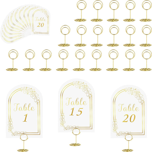 JOYIT 20 Sets Wedding Table Numbers 1-20 with 20 Pcs Holders, White Gold Cards with Place Card Holders, 4" x 6" for Wedding Reception and Birthday
