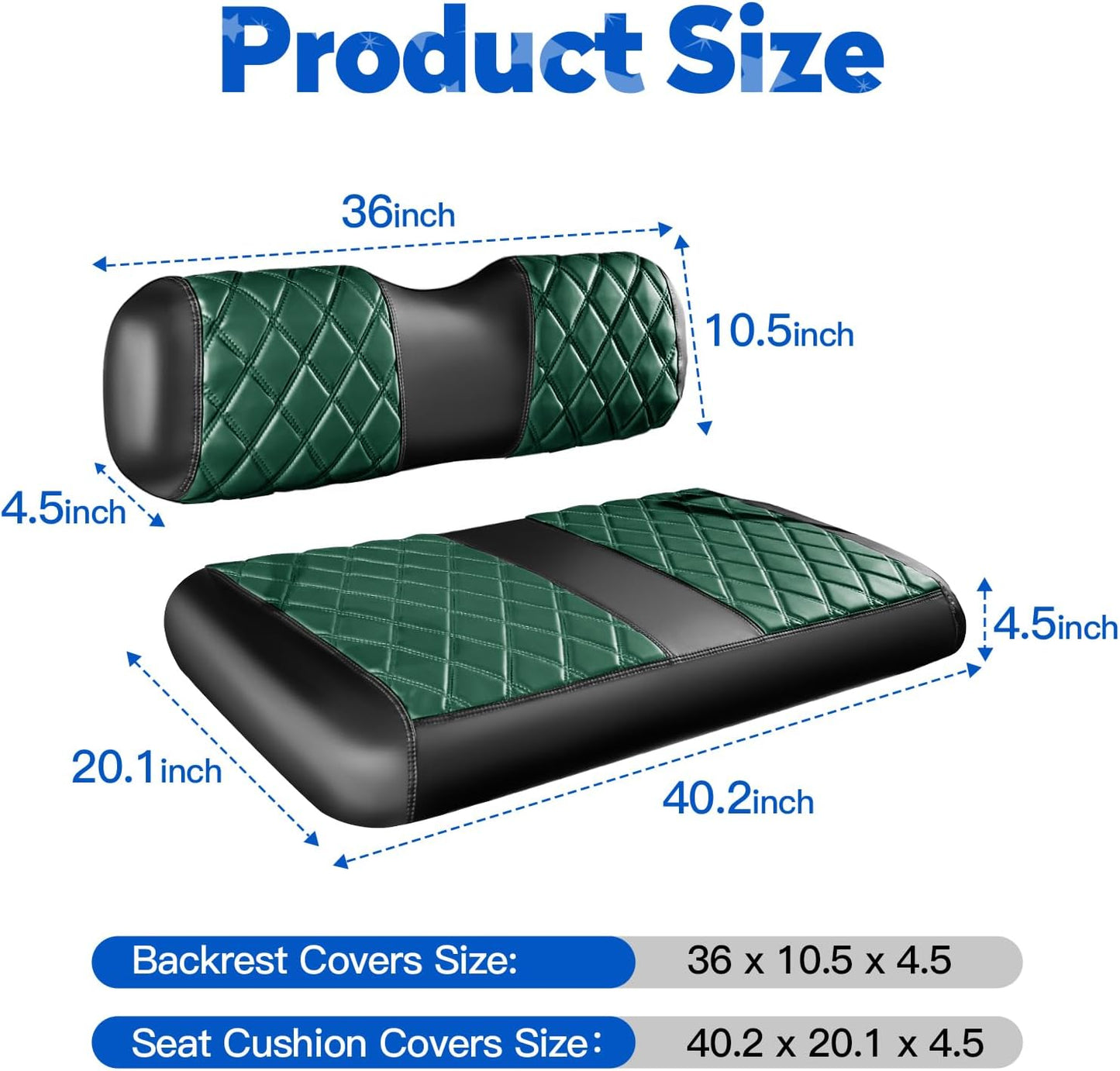 NOKINS Golf Cart Diamond Seat Covers Kit, Fit for EZGO TXT 1994-2013/EZGO RXV OEM Standard Front Seat Cushion, Golf Cart Vinyl Seat Cover, No Nails Required (Dark Green and Black)