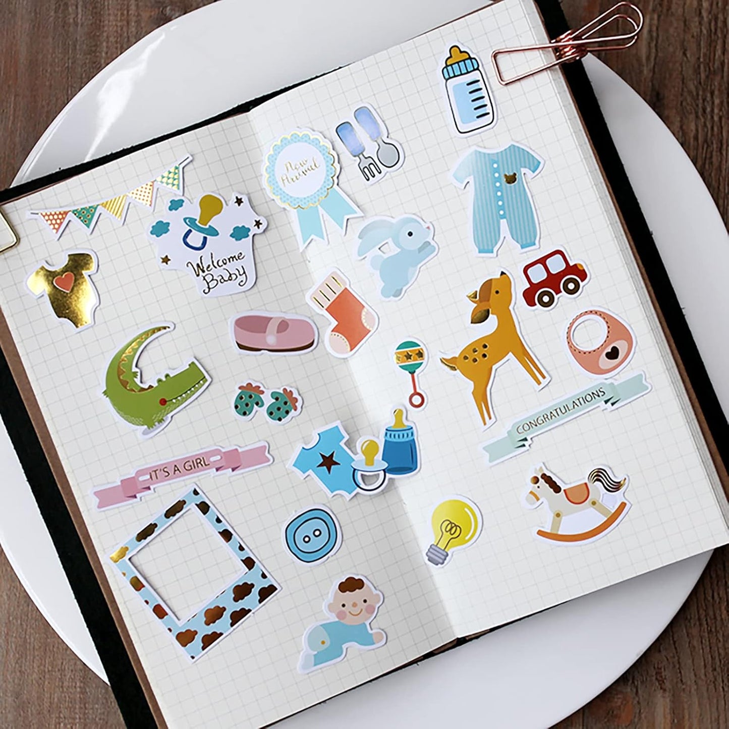 Doraking 73PCS Baby Loves Foil Gold Decorative Stickers for Scrapbook Journals Birthday Party Invitation Cards Kids Gift Wrap Stickers, Doraking No-Repeat Cute Cartoon Stickers (Baby)