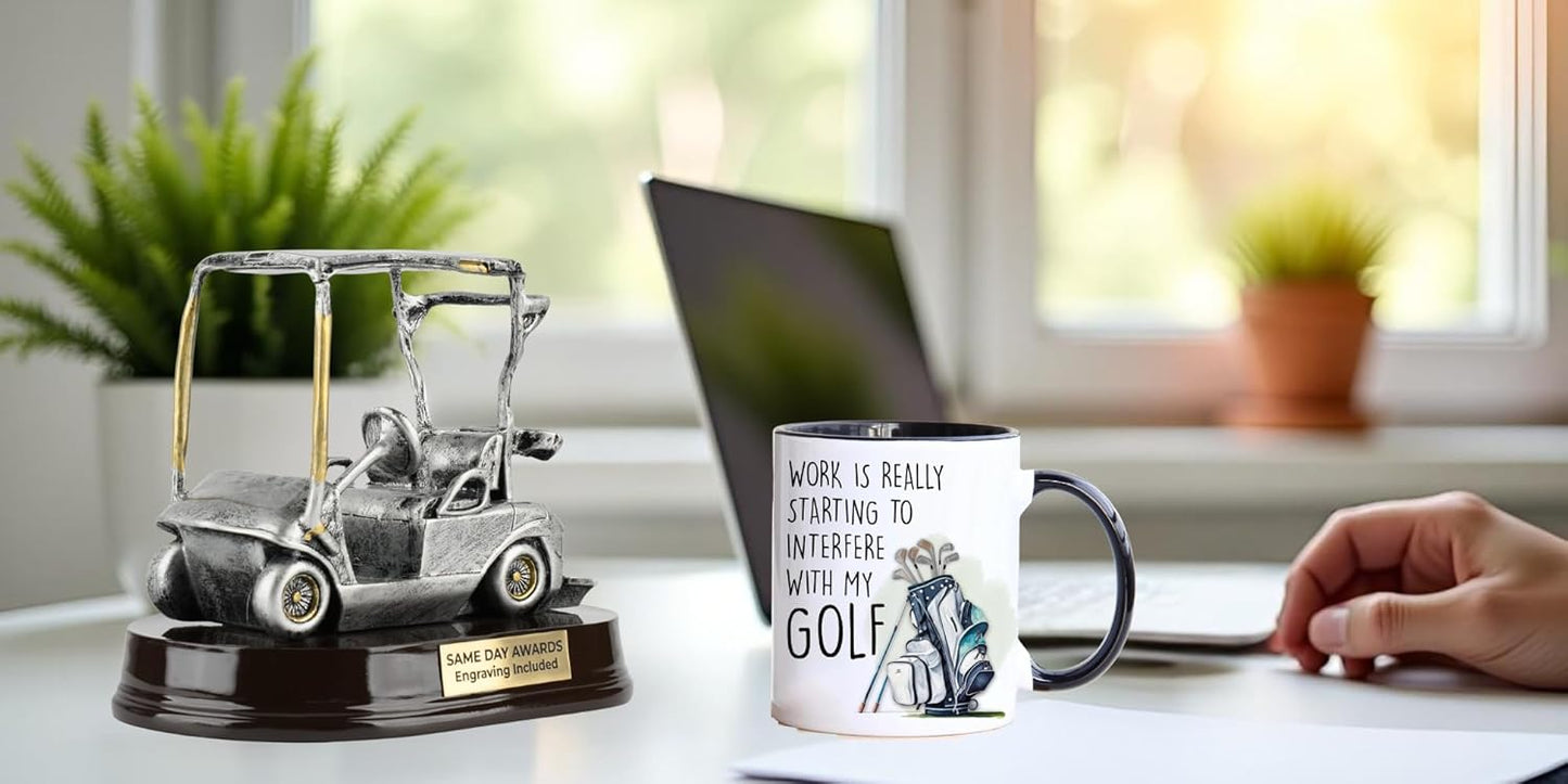 Premium Golf Cart Trophy Award – Custom Engraved Resin Golf Award on Rosewood Base – Fun Golf Recognition Gift for Tournaments Leagues Clubs and Charity Events