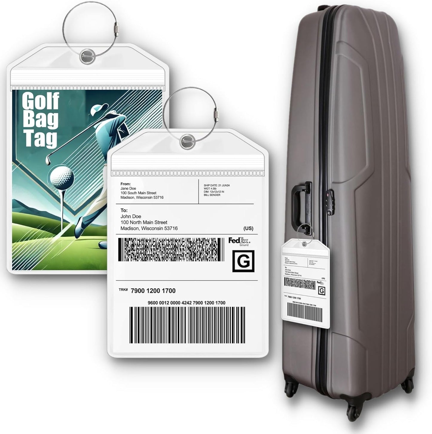 Golf Bag Luggage Tag - Extra Large 9" x 6", Waterproof Plastic Zipper Pouch, PVC Tags for Golf Bag - Sealable Label Holder (2)