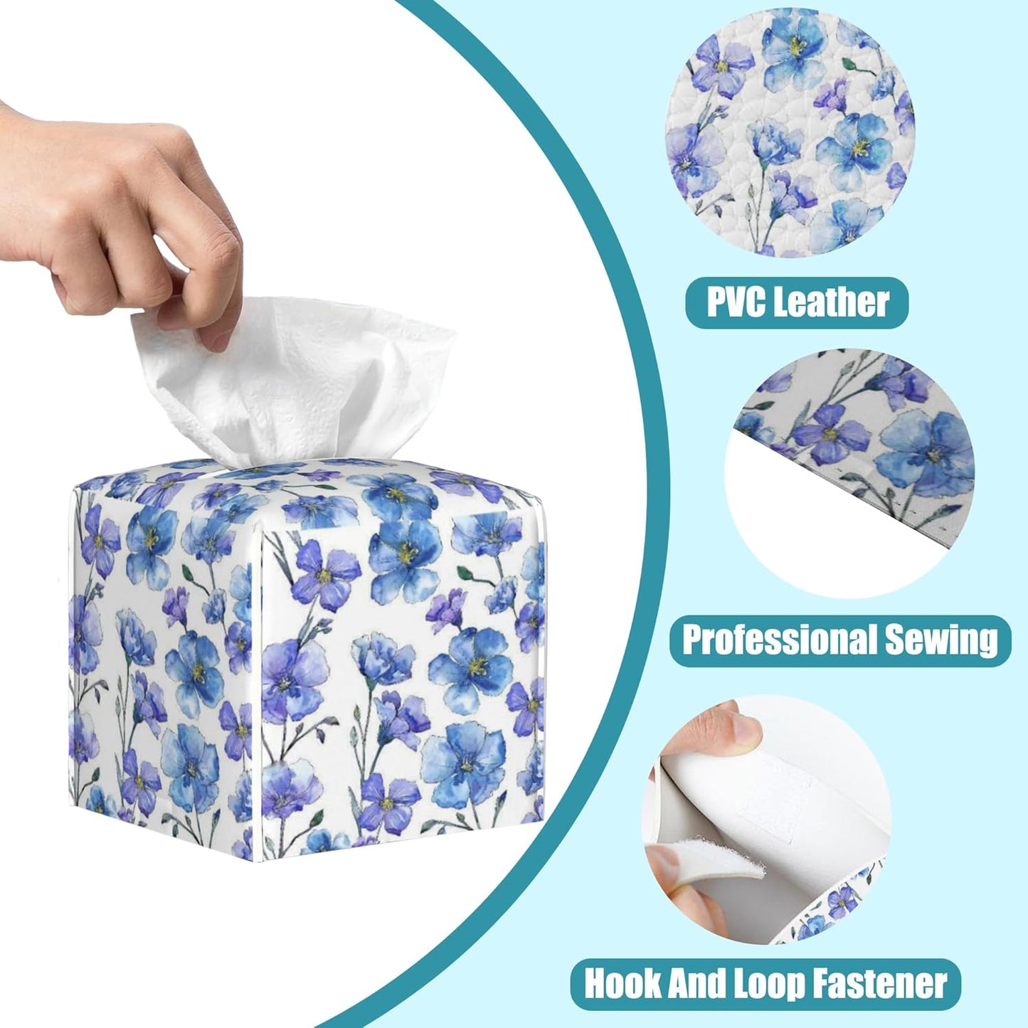 Blue Spring Wildflower Tissue Box Holder,Square Leather Tissue Box Cover with Bottom Belt,Waterproof Modern Napkin Holder Organizer for Bathroom Nightstand Vanity Office Tabletop,5.2" x 5.2" x 5.2"