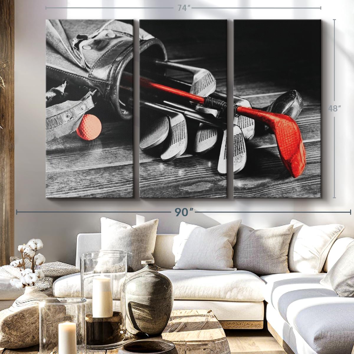 ElephantStock Golf Equipment Pop Wall Art - Horizontal Canvas - 3-Piece Living Room Wall Decor - Photography Sports Canvas Print - Black and Gray Decor for Wall - 74" X 48"