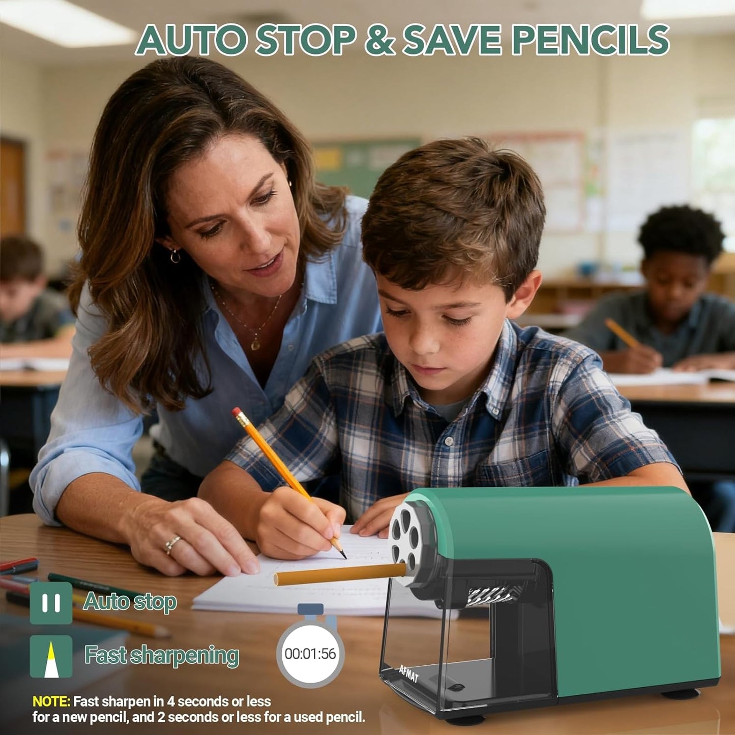 AFMAT PSD2 Electric Pencil Sharpener Heavy Duty, 6 Holes, Cordless & Rechargeable, Fast Sharpen, Auto Stop, 10K+ Uses, Classroom Pencil Sharpener for 6-11mm No.2/Large/Colored Pencils, Green