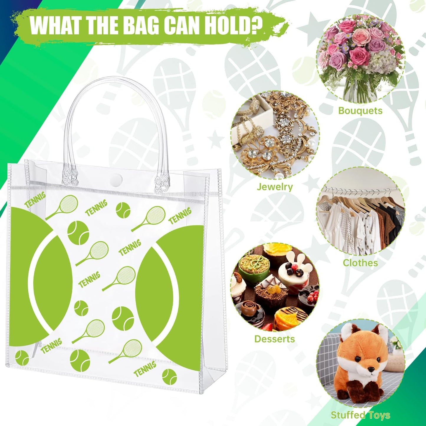 24 Pieces Tennis Clear PVC Gift Bag with Handles Tennis Transparent Treat Goodie Bags 8 x 8 x 3.2Inch Sport Theme Party Favor Bag for Birthday Holiday Sports Team (tennis)