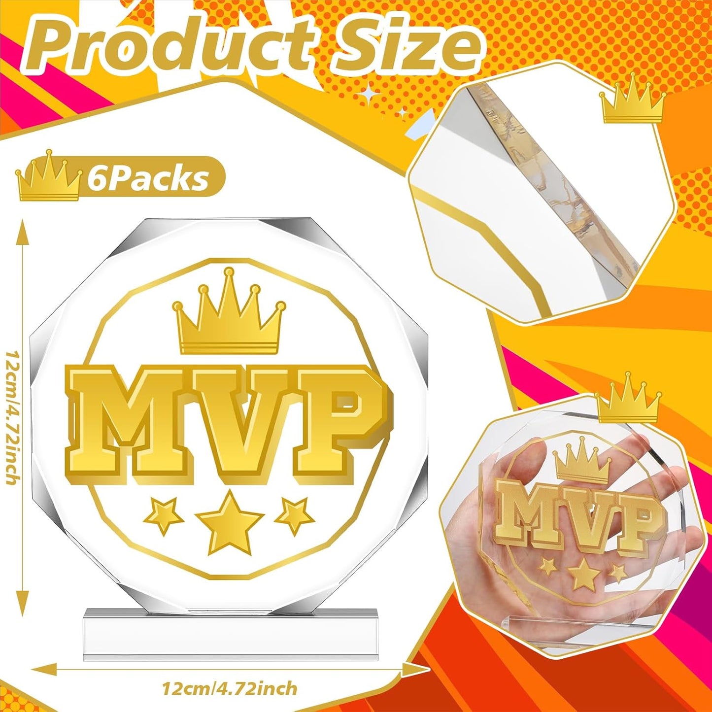 6 Pack Sports Trophy Acrylic Award Medals 4.72 x 4.72 Inch Sports Contest Trophies Bulk Plaques Team Prize Gift Trophies for Competition