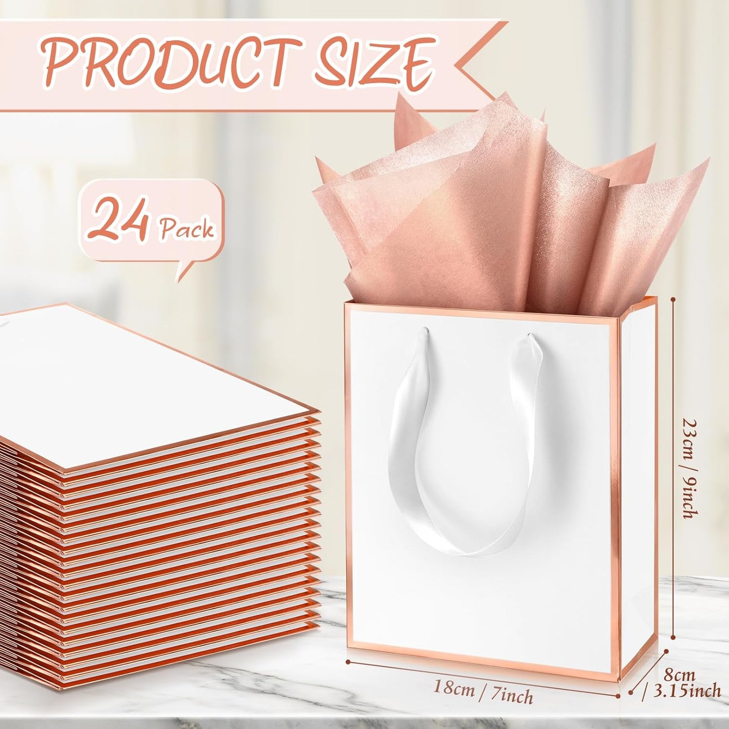 Yeaqee 24 Pack Metallic Paper Gift Bags with Handle and Tissue 9x7x3.1 Gold Foil Welcome Favor Bags Return Gifts for Wedding Fall 5 Senses Christmas Bridesmaid Birthday(White, Rose Gold)