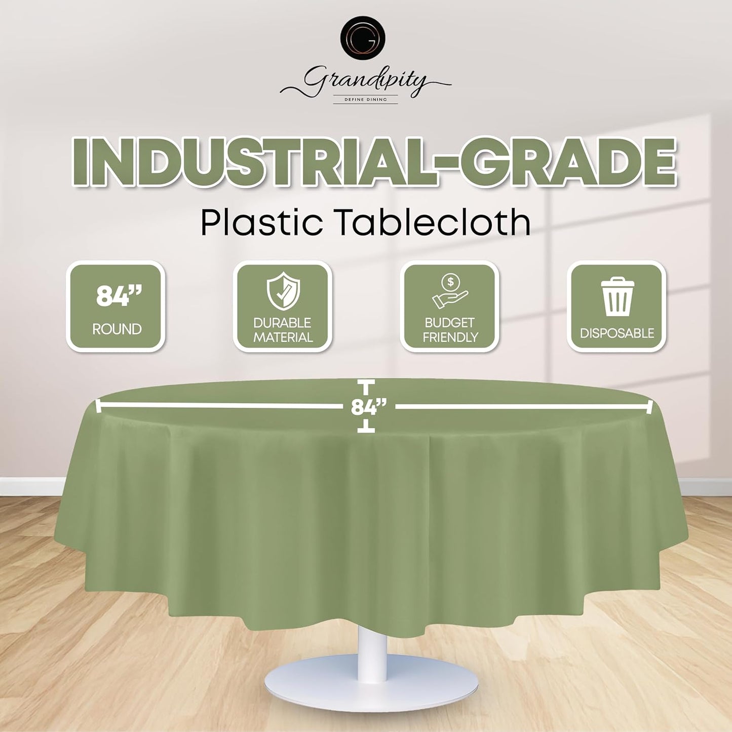 Grandipity 12 Pack Premium Disposable Plastic Tablecloth 84 inch Round Table Cover - Sage Green