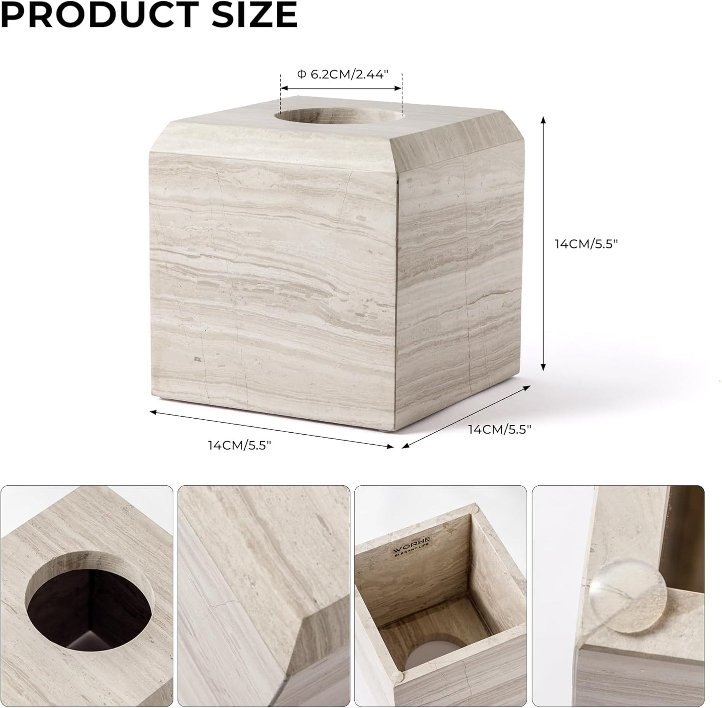 WORHE Tissue Box Cover Italy Natural Marble Heavy Duty Square Facial Toilet Paper Holder for Bathroom Living Room Bedroom Dresser Kitchen Minimalistic Office Home Decor Grey (WH078)