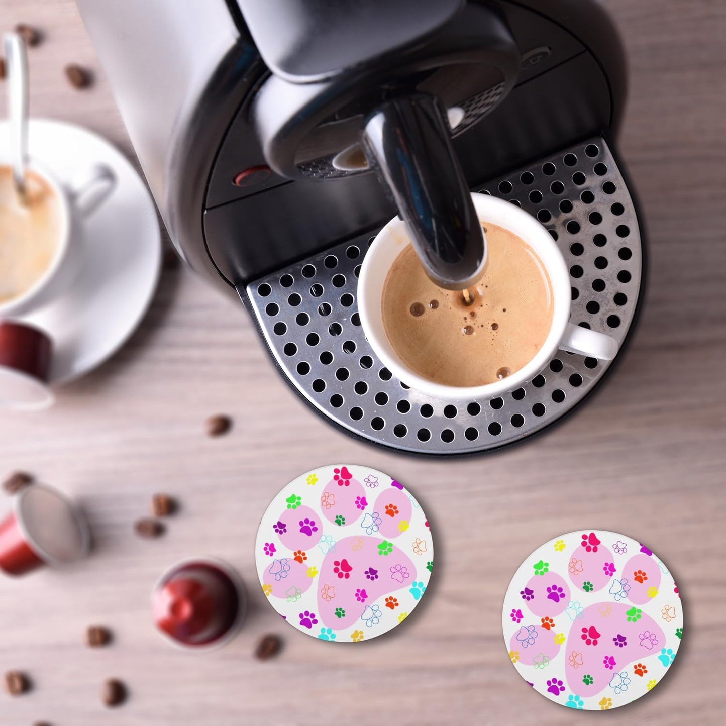 Ceramic Coasters for Drinks with Cork Back, Colorful Paw Prints On Pink 4 Inch Absorbent Coaster Set 2 Pack, Quick Dry Non-Slip Coaster Mats for Home, Office, Bar