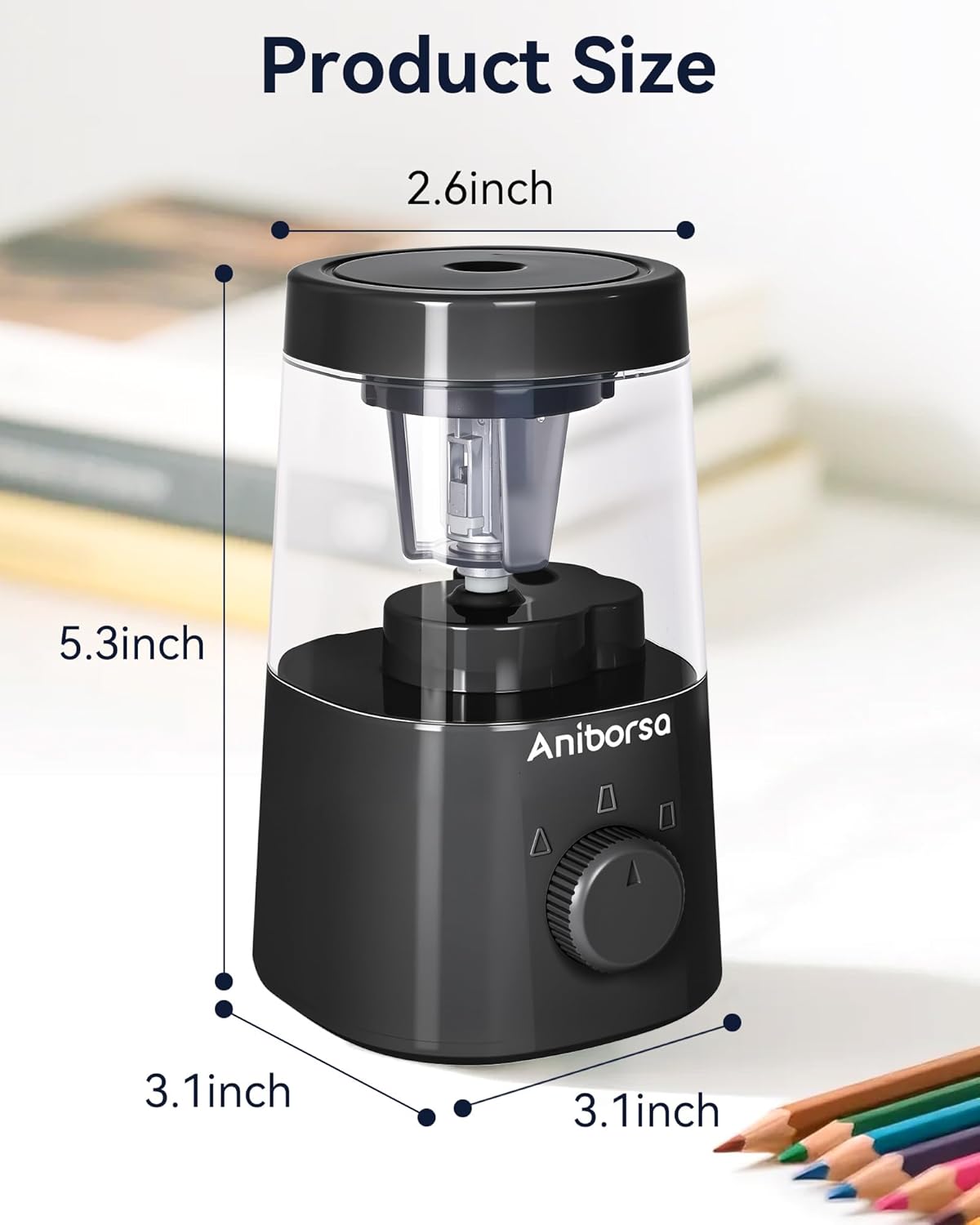 Electric Pencil Sharpener, Helical Blade Automatic Pencil Sharpener, Battery/USB Cord Operated Adjustable Sharpness for 6-8 mm Pencil, Classroom, School, Office, Home, Black