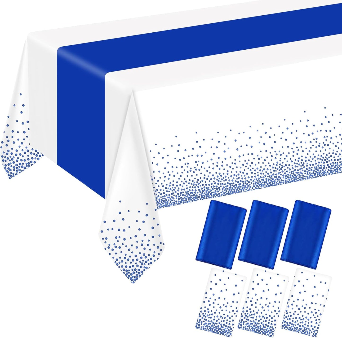 6 Pack Rectangle Plastic Dot Tablecloth Set, 54 X 108 Inch Plastic Table Cover, 12 x 108 Inch Satin Table Runners for Wedding Graduation Birthday New Year Party Decorations (White, Blue)
