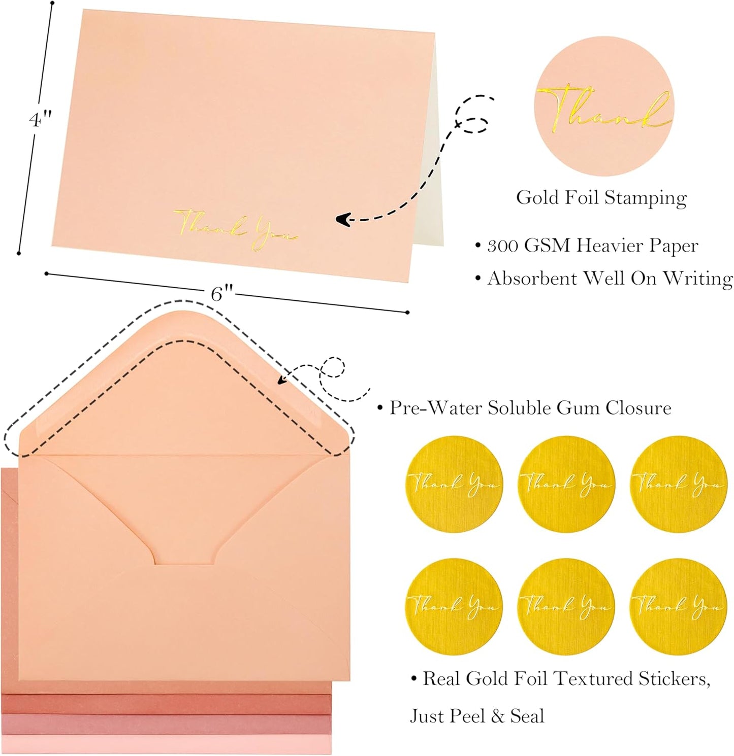 Crisky Pink Thank You Cards with Envelopes & Stickers， 50 Pack Gold Foil Bridal Shower Graduation Thank You Cards Small Business, Wedding Baby Shower Birthday Funeral Notes Bulk