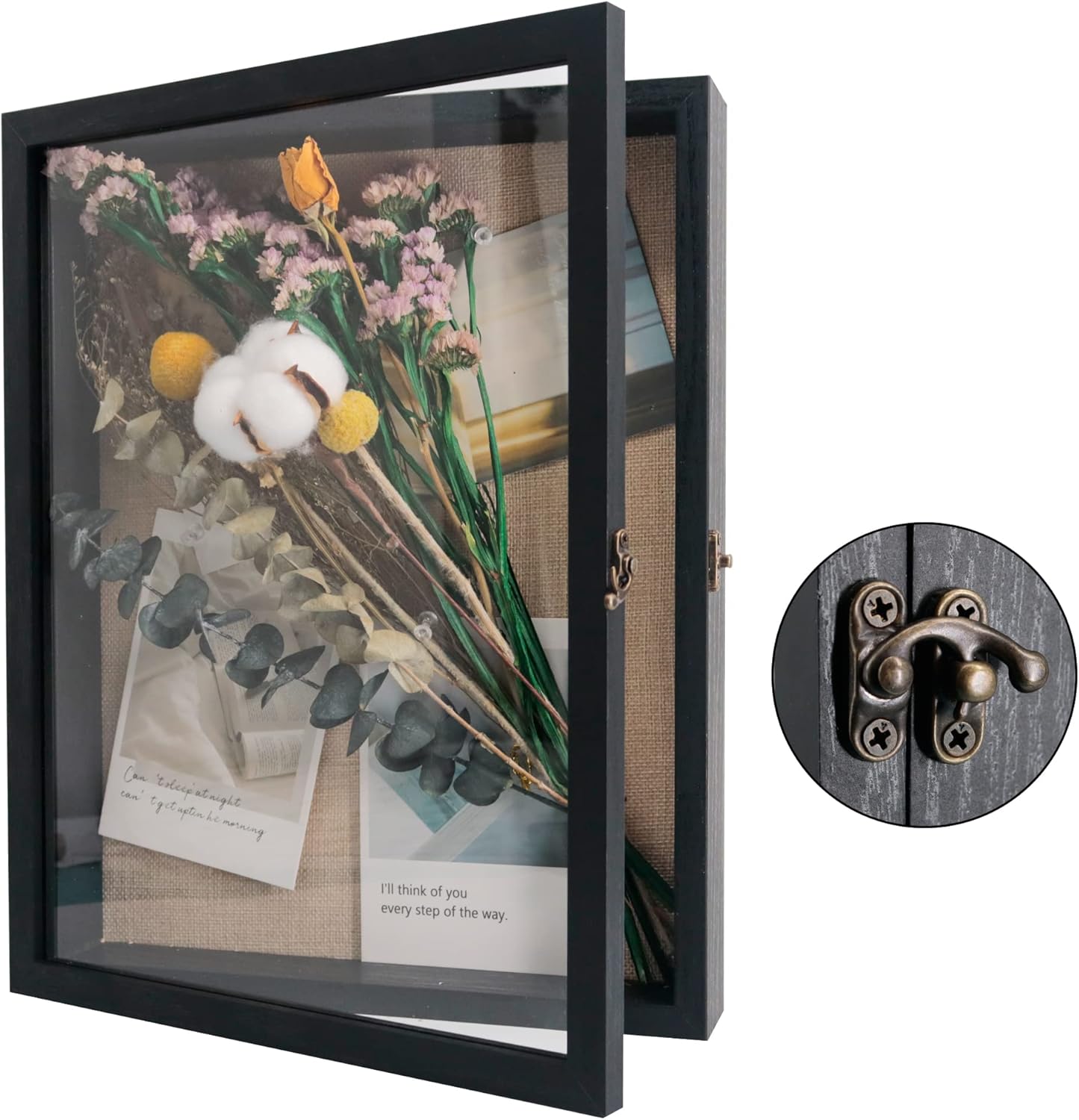 GraduatePro Shadow Box Frame 11x14 Display Case with Linen Back, Real Glass Window Door with Hinge, Picture Frame Wedding Bouquet Memorabilia Medals Photos Memory Box for Keepsakes, Rustic Black