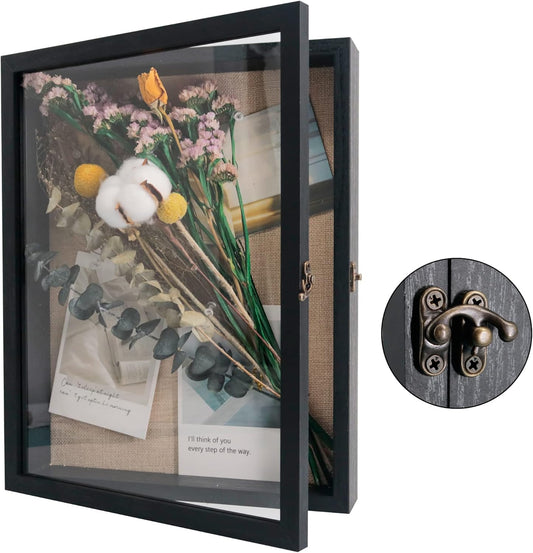 GraduatePro Shadow Box Frame 11x14 Display Case with Linen Back, Real Glass Window Door with Hinge, Picture Frame Wedding Bouquet Memorabilia Medals Photos Memory Box for Keepsakes, Rustic Black