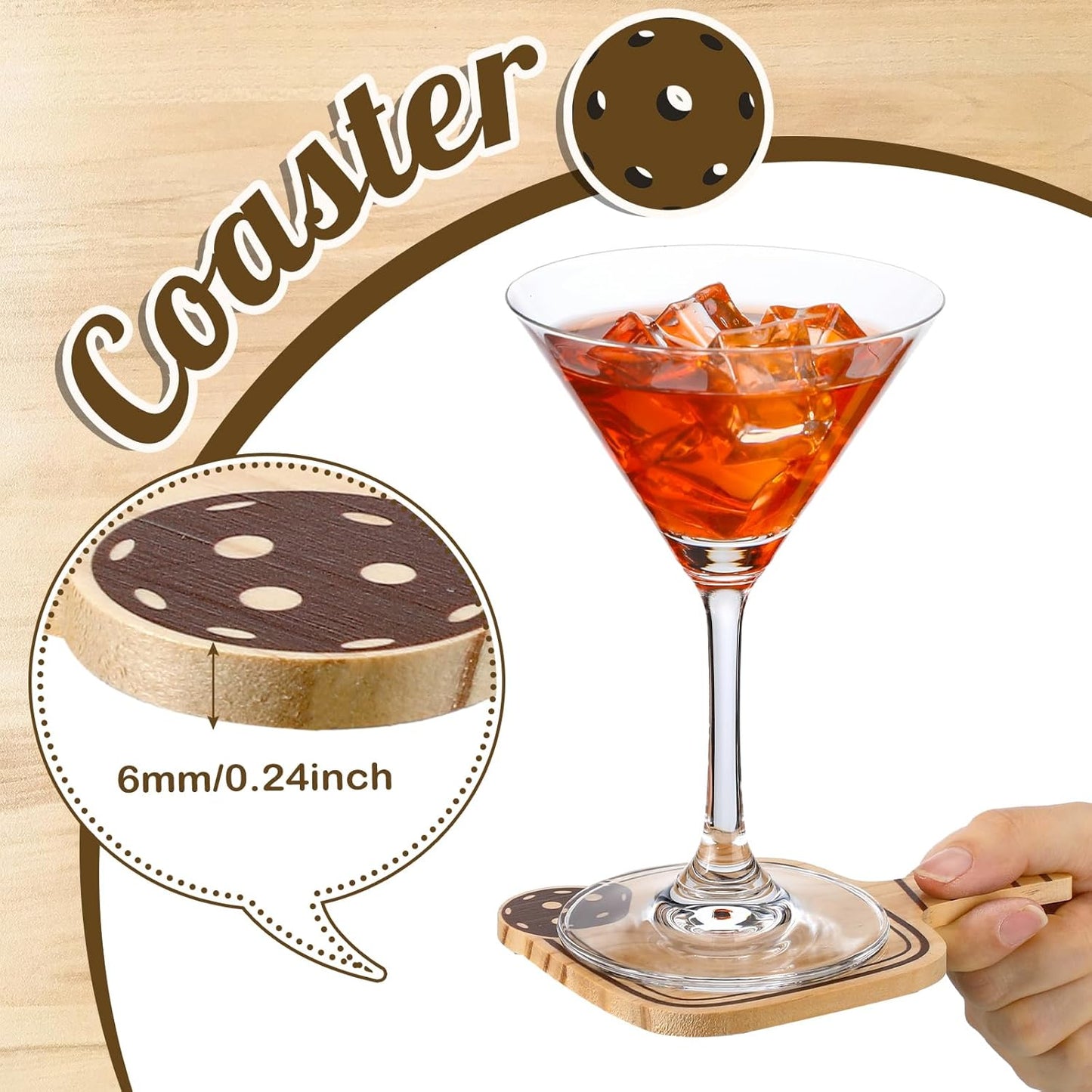 Hushee 12 Pcs Dinkball Drink Coasters Wood Coasters Set Paddle Shape with Handle Funny Gift for Women Men Sports Lovers Fans Party Favors Decorations (Wood)