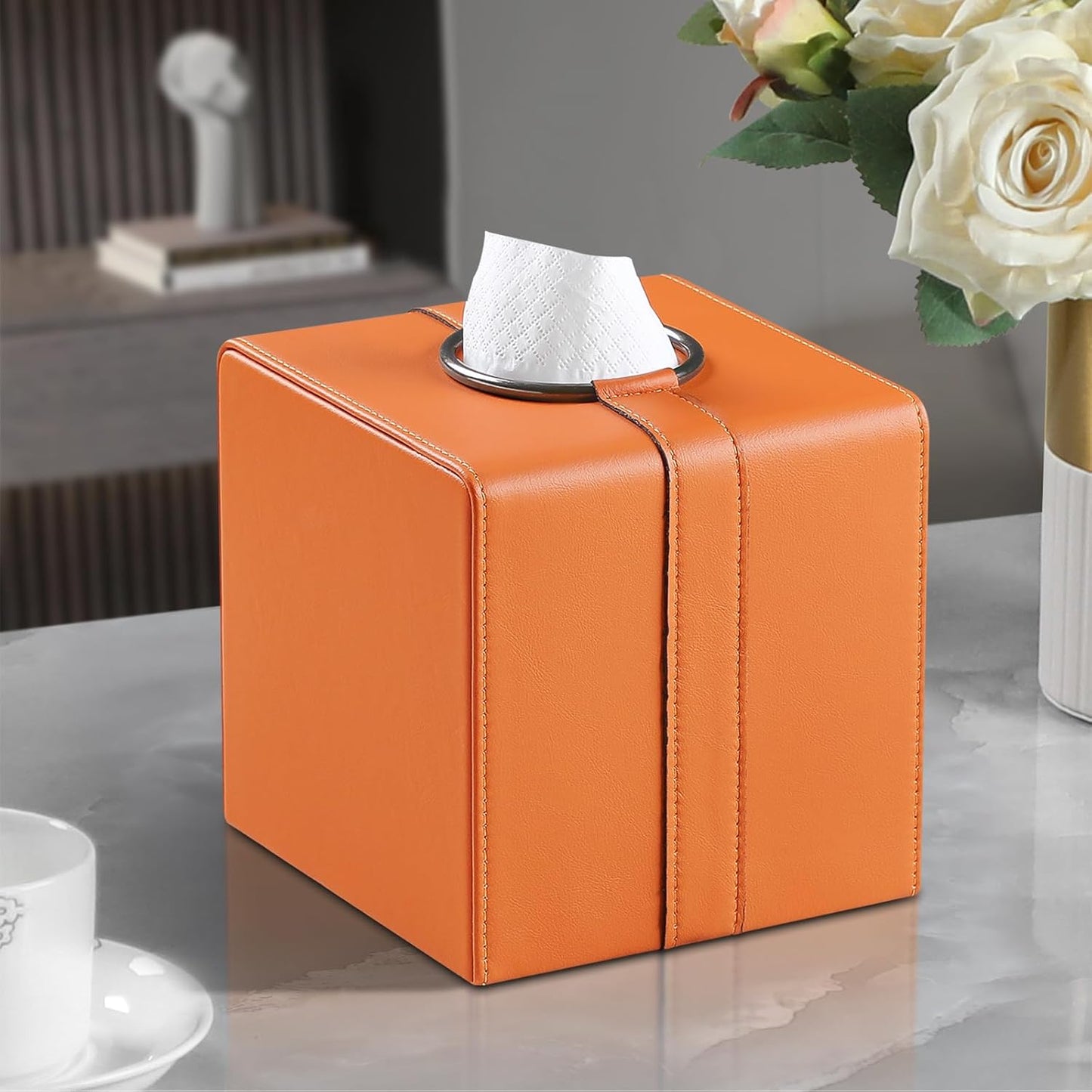 Square Tissue Box Cover, Luxury PU Leather Tissue Holder with Magnetic Closure (Orange)