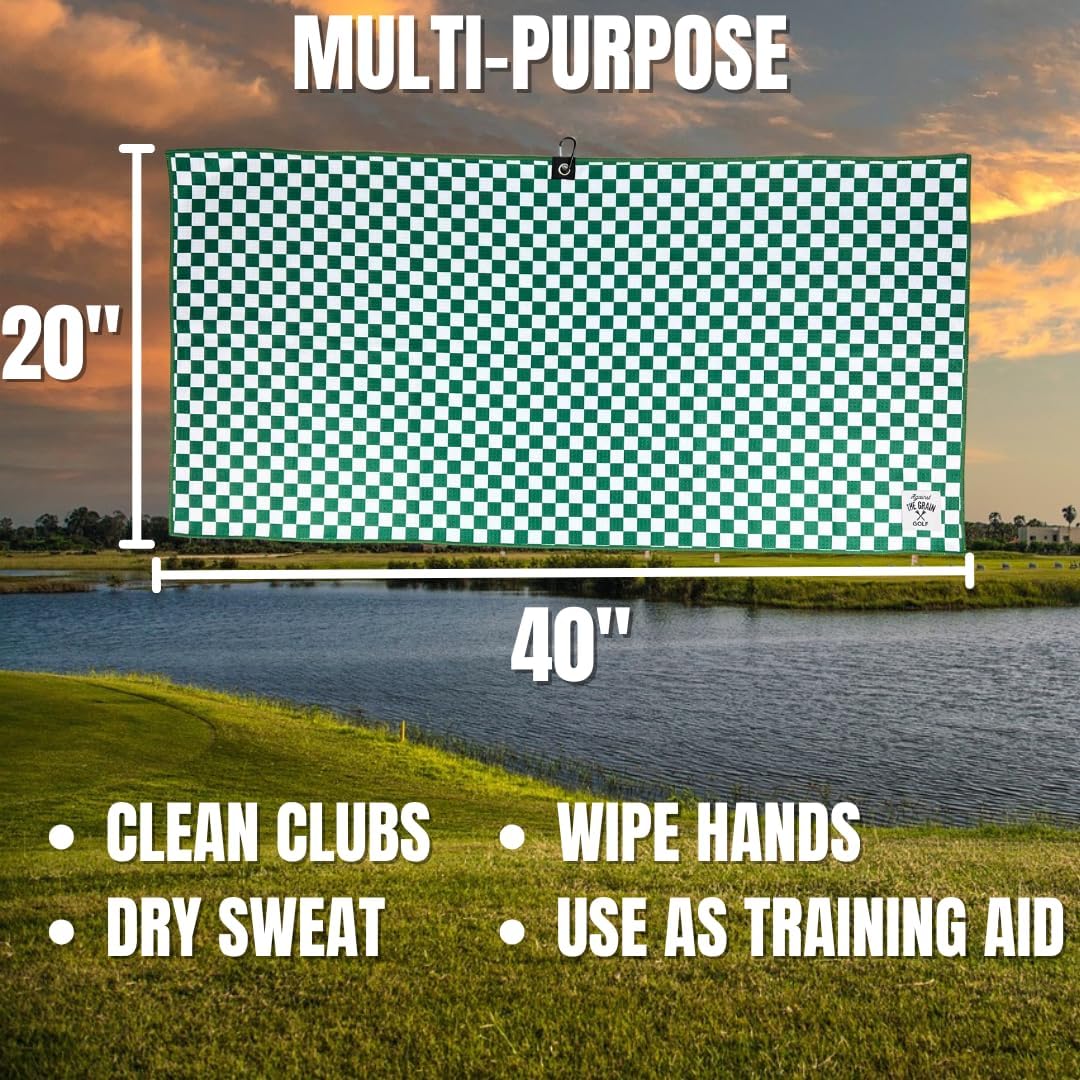 Against The Grain Microfiber Golf Towel with Clip - (20"x40") Green & White Checkered Design Golf Club Towel, Golf Towels for Golf Bags for Men & Women