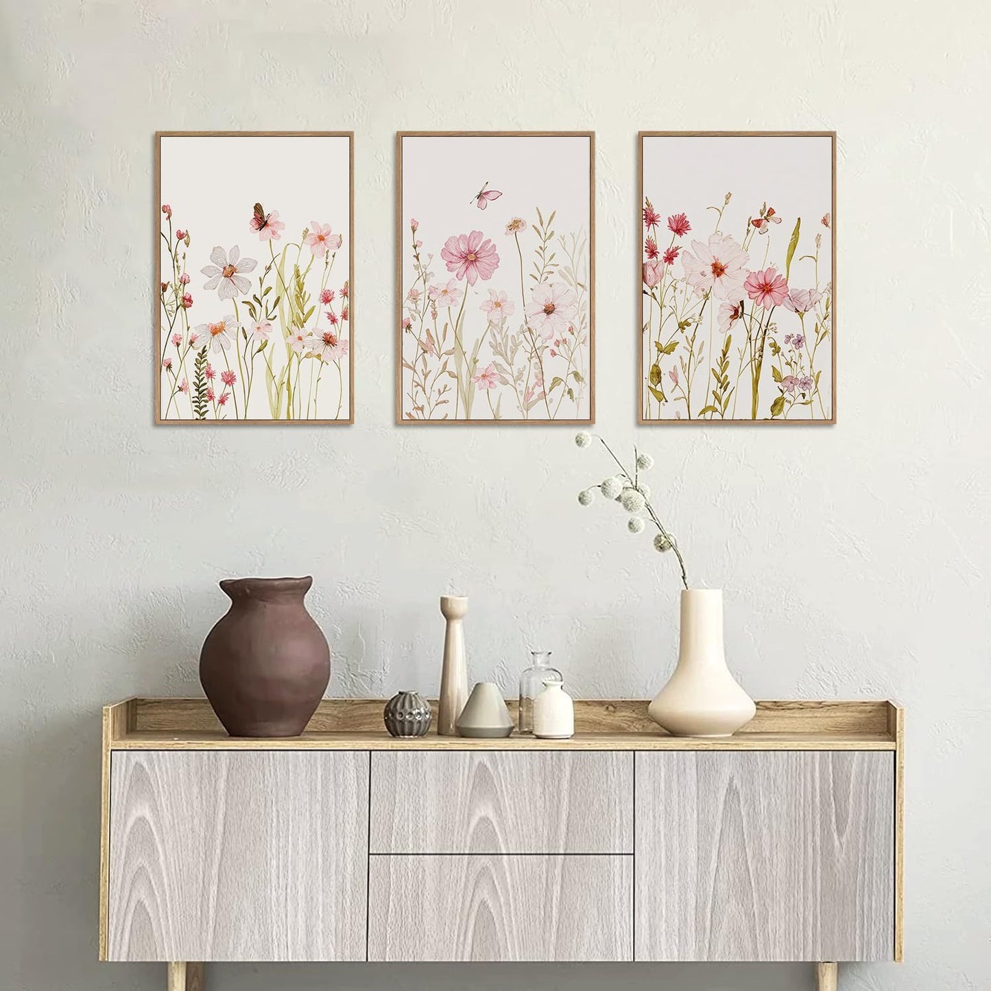 MTFBWY 3Pcs Framed Wildflower Canvas Wall Art – Pink Floral Wall Art Watercolor Prints, Pink Botanical Artwork, Colorful Flower Pictures Decor Printing for Living Room, Girls Bedroom, or Bathroom, 24L" x 16W"