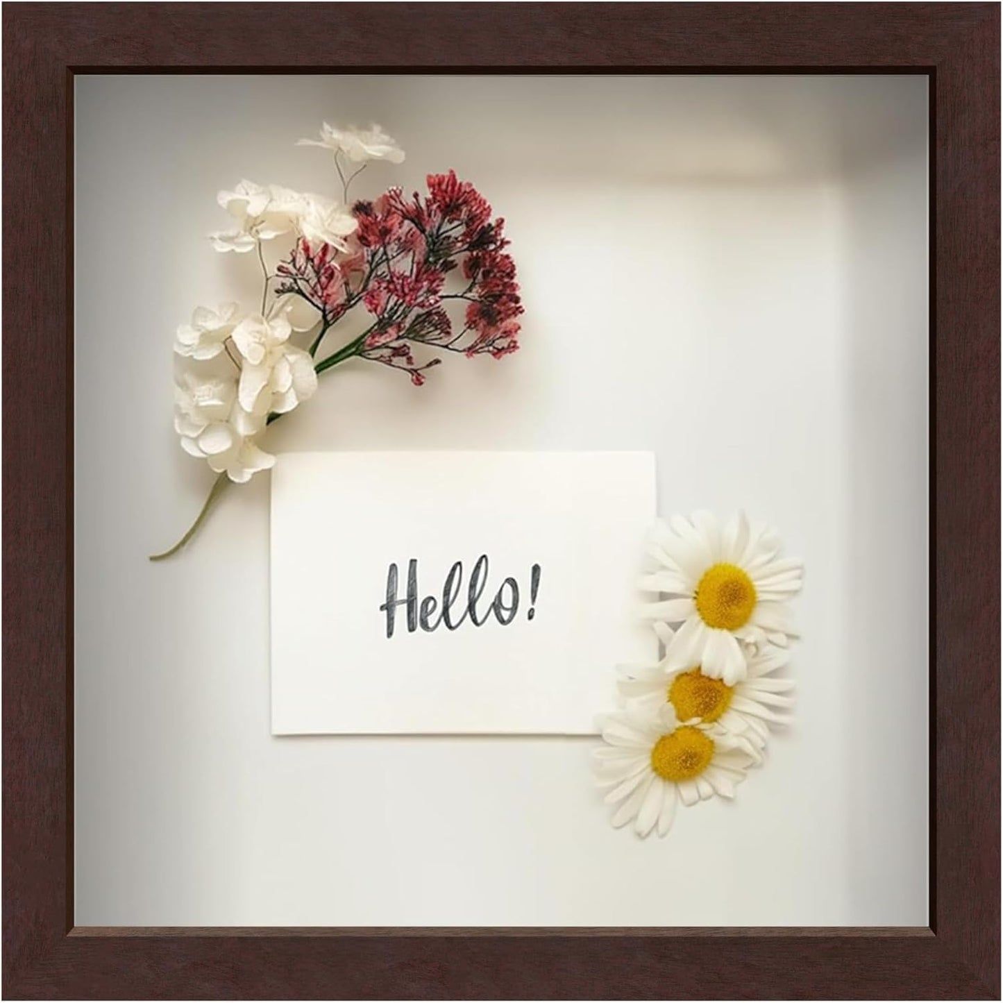 FrameWorks 11' x 11' Mahogany Wooden Shadow Box Frame Display Case with Soft Felt Back, Tempered Glass, Elegant White Ball Push Pins