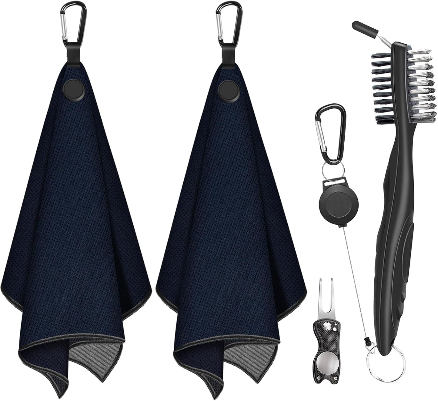 Magnetic Golf Towel, 2 PCS Microfiber Golf Towels with Brush and Divot Tool for Men, Industrial Strength Magnet Accessories for Strong Hold to Golf Bags, Carts or Clubs (2 Pack Black)