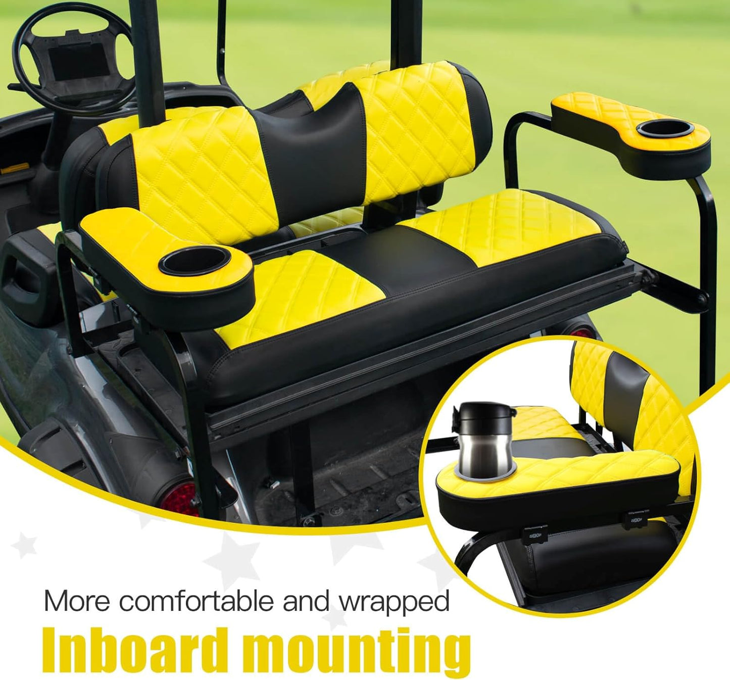 NOKINS Golf Cart Diamond Flip Armrest with Cup Holder, No Drilling Required, Golf Cart Folding Hinged Armrest, Inward Mount, for Club Car EzGo Yamaha Back Seat Kit