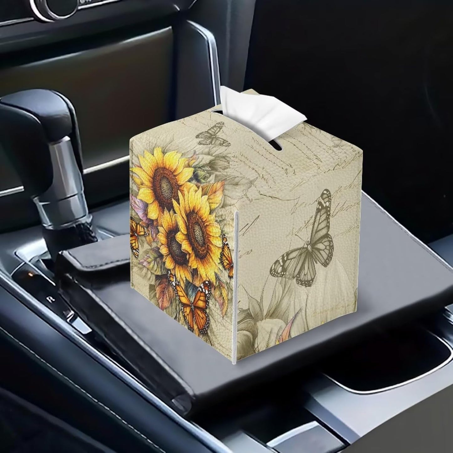Sunflower Tissue Box Cover Square Leather Tissue Cover 5x5x5 inch Oil Paited Style Home Decorative Facial Paper Box Holder for Desk Bathroom Vanity Countertop