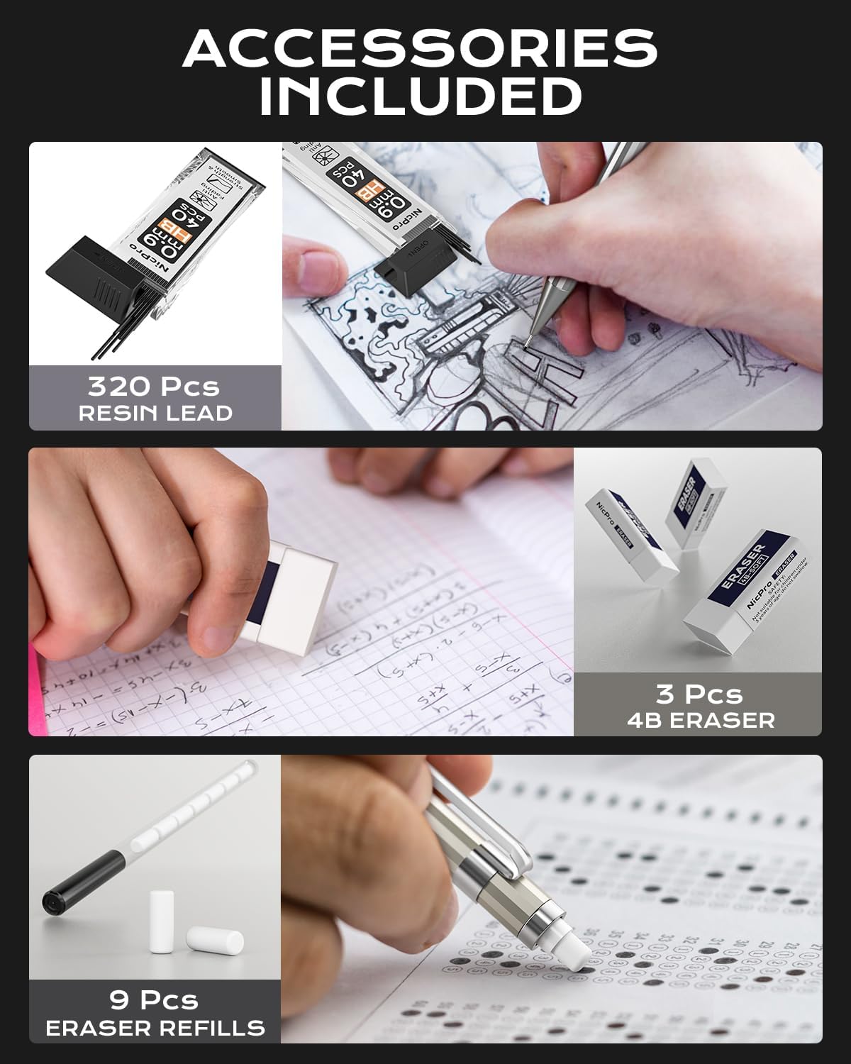 Nicpro 4 Pack Metal Mechanical Pencil Set 0.9mm, MB1000 Lead Drafting Pencil 0.9 mm with 8 Tube HB #2 Lead Refill, 3PCS 4B Eraser, 9 Cap Eraser for Artist Writing, Sketching, Drawing- Come with Case