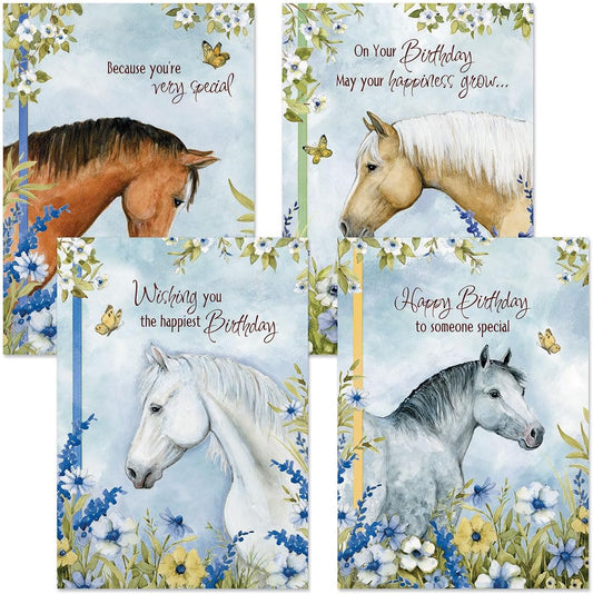 Horses in Flowers Birthday Greeting Cards by Susan Winget - Set of 8 (4 Designs), Large 5" x 7", Happy Birthday Cards with Sentiments Inside