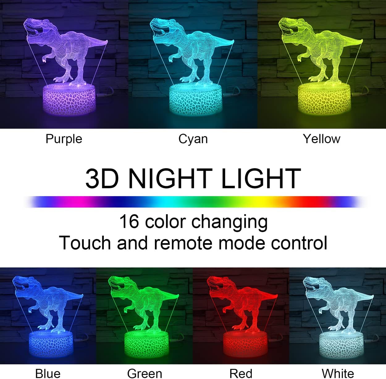 i-CHONY Dinosaur Toy T-Rex 3D Night Light for Kids - 16 Color Dimmable LED Light with Remote & Smart Touch & USB Cable - Gift for Adults, Teens, Boys, Girls Birthday