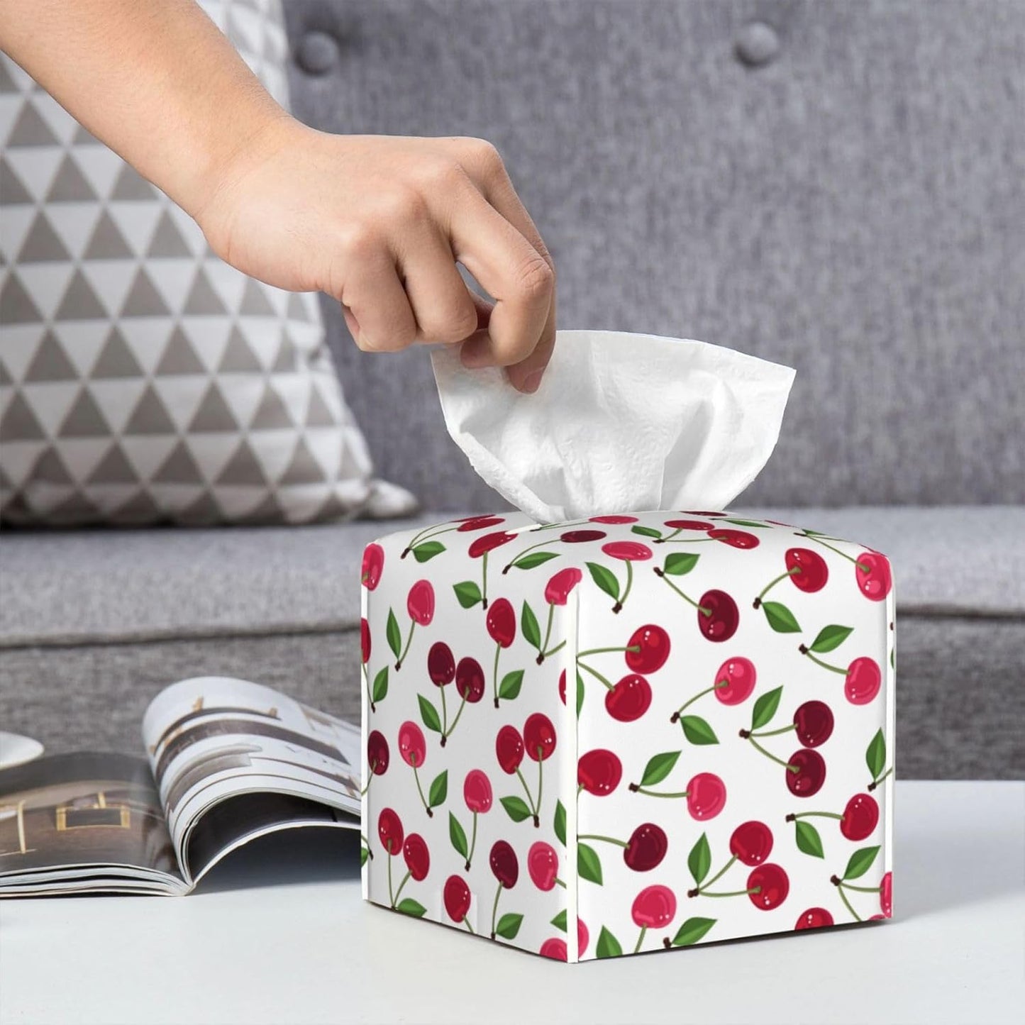 Cherry Tissue Box Holder Paper Organizer, PU Leather Tissue Case Cover, Cherry Decor for Bathroom, Kitchen, Car