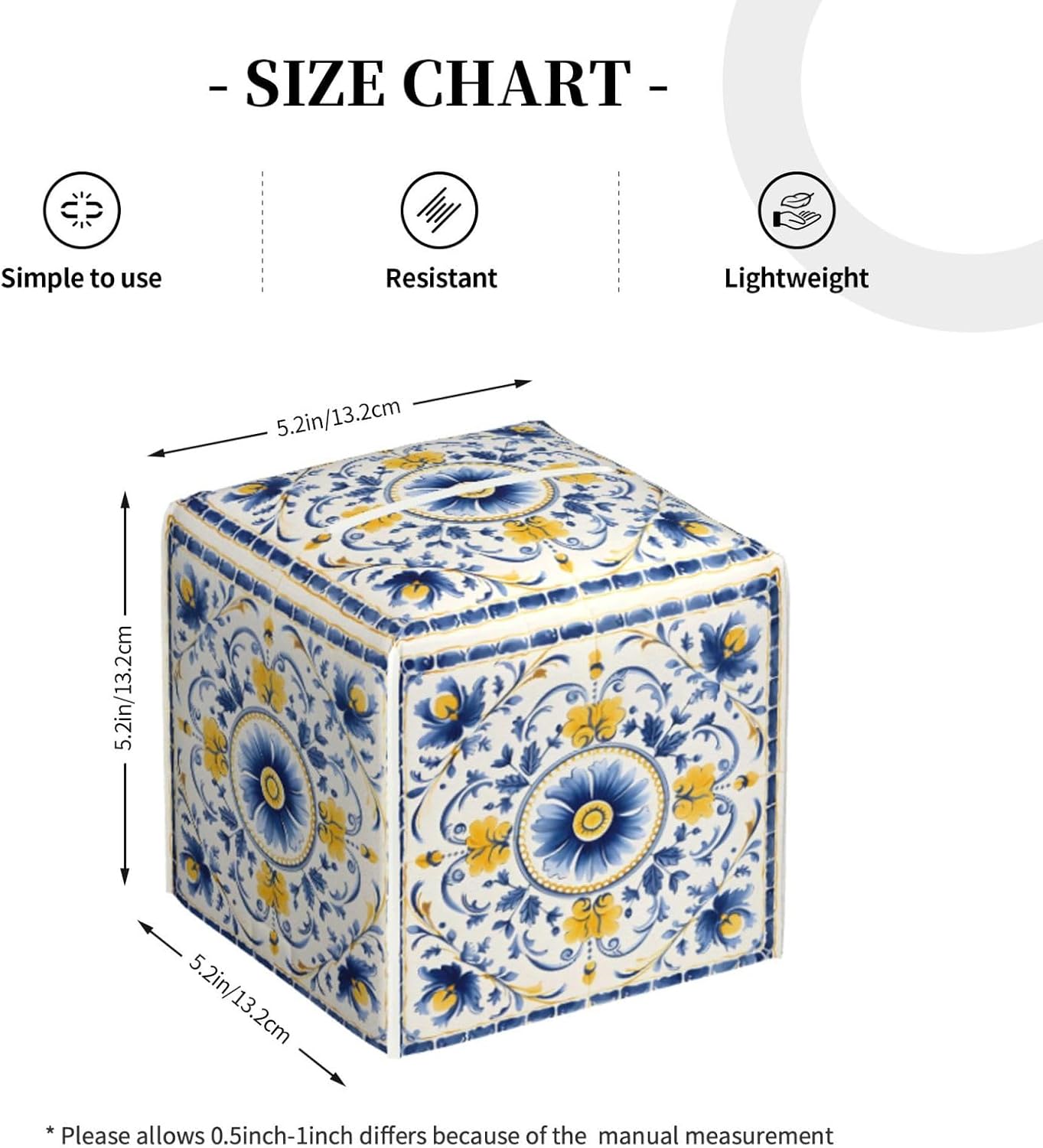 Tissue Box Cover Blue Yellow Antique Tiles Ornament Square PU Leather Tissue Box Holder for Car Bathroom Bedroom Desk Tabletop Decor