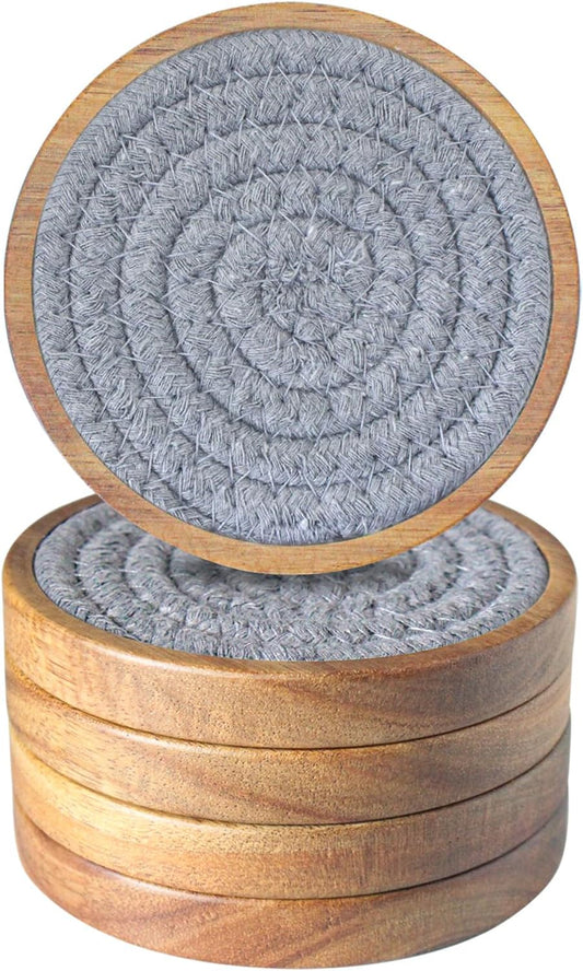 Drink Coasters Set of 5, Coasters for Drinks Absorbent, Wood Coasters for Coffee Table, Housewarming Gift for Farmhouse Home Decor,4 inches (Brown & Gray)