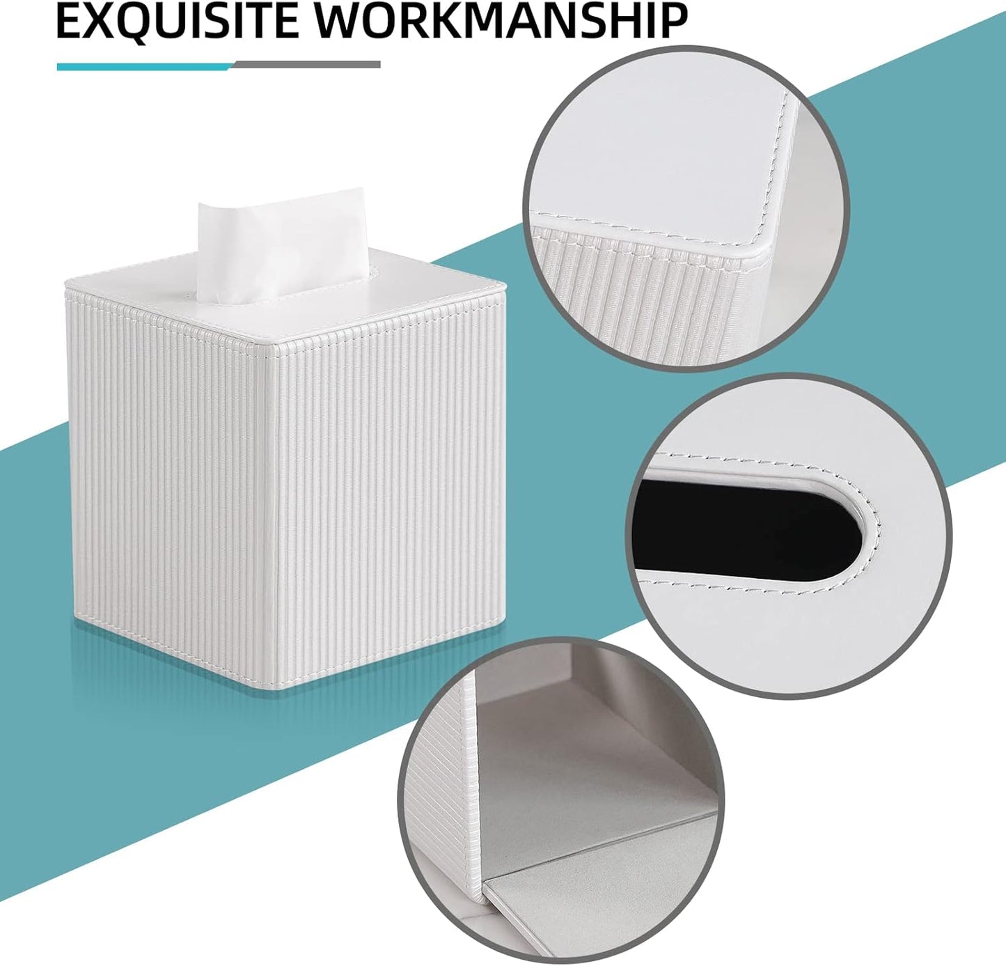 PU Leather Tissue Box Cover Square with Magnetic Closure, Modern Tissue Box Holder for Bathroom Bedroom Office Desk, Decorative Square Tissue Holder (Ivory)