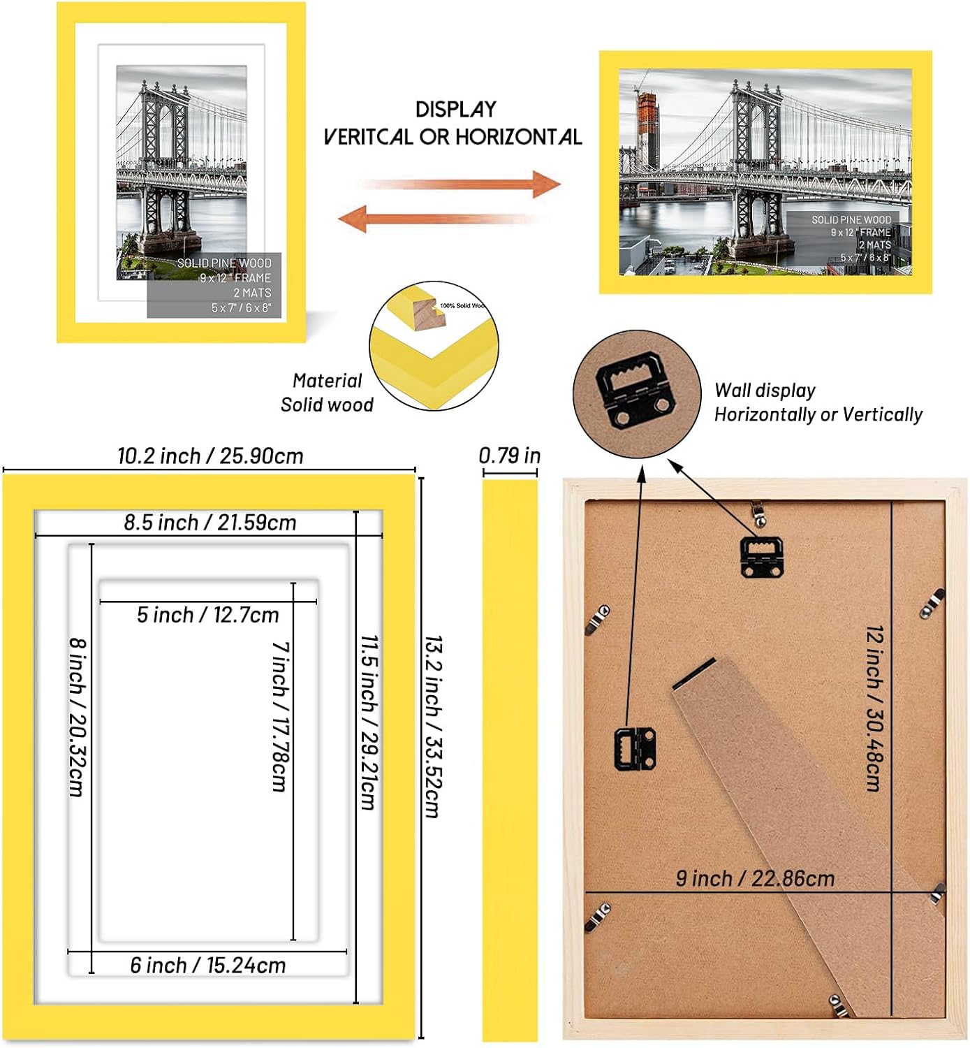 9x12 Solid Wood Picture Frames with 2 Mats for Wall Mounting or Table Top (Yellow)