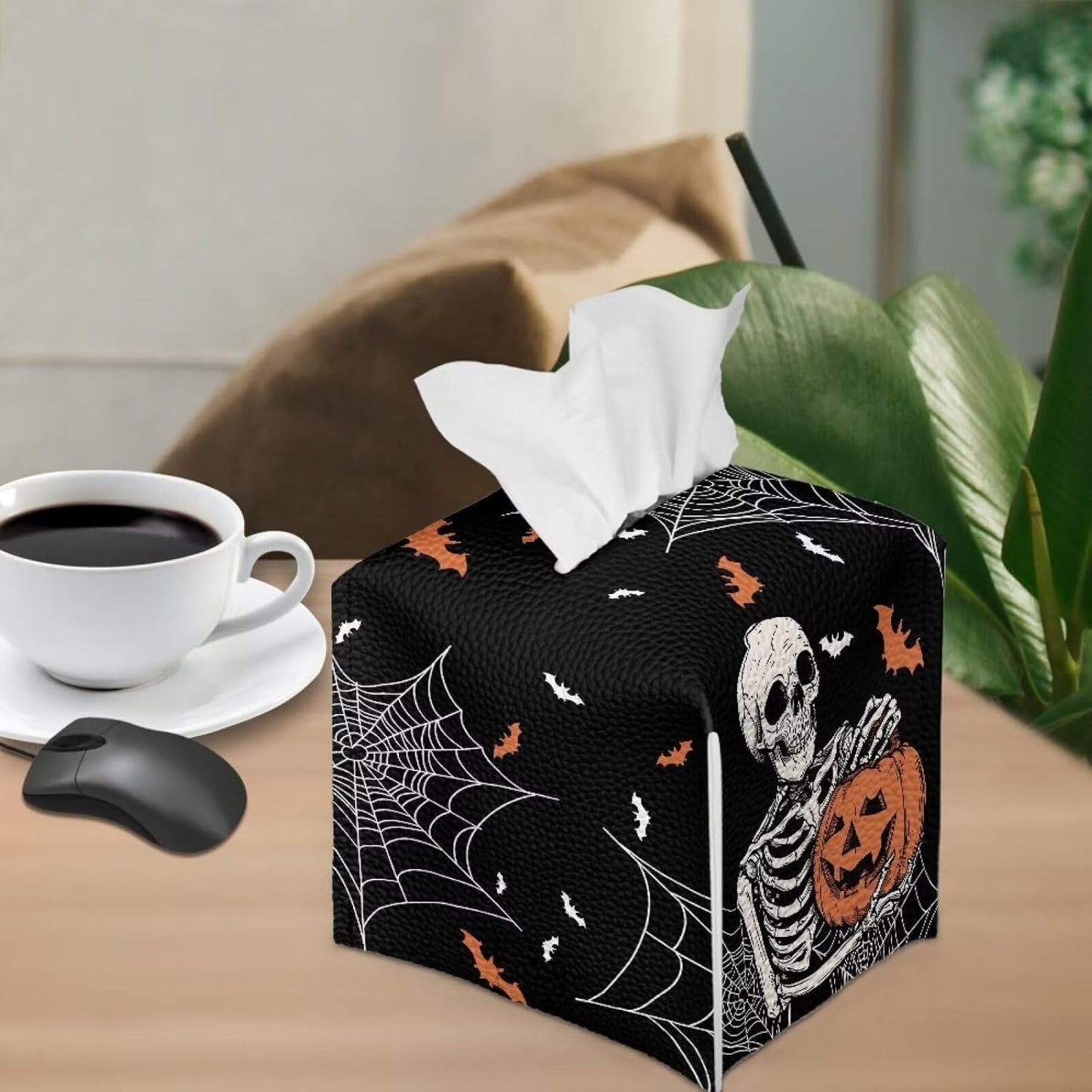 Halloween Tissue Holder for Bathroom Skull Pumkin Bat Spider Web Print Modern Decorative Tissue Box Case Organizer Holder with Bottom Belt Easy to Install Fits Square Tissues Box Covers
