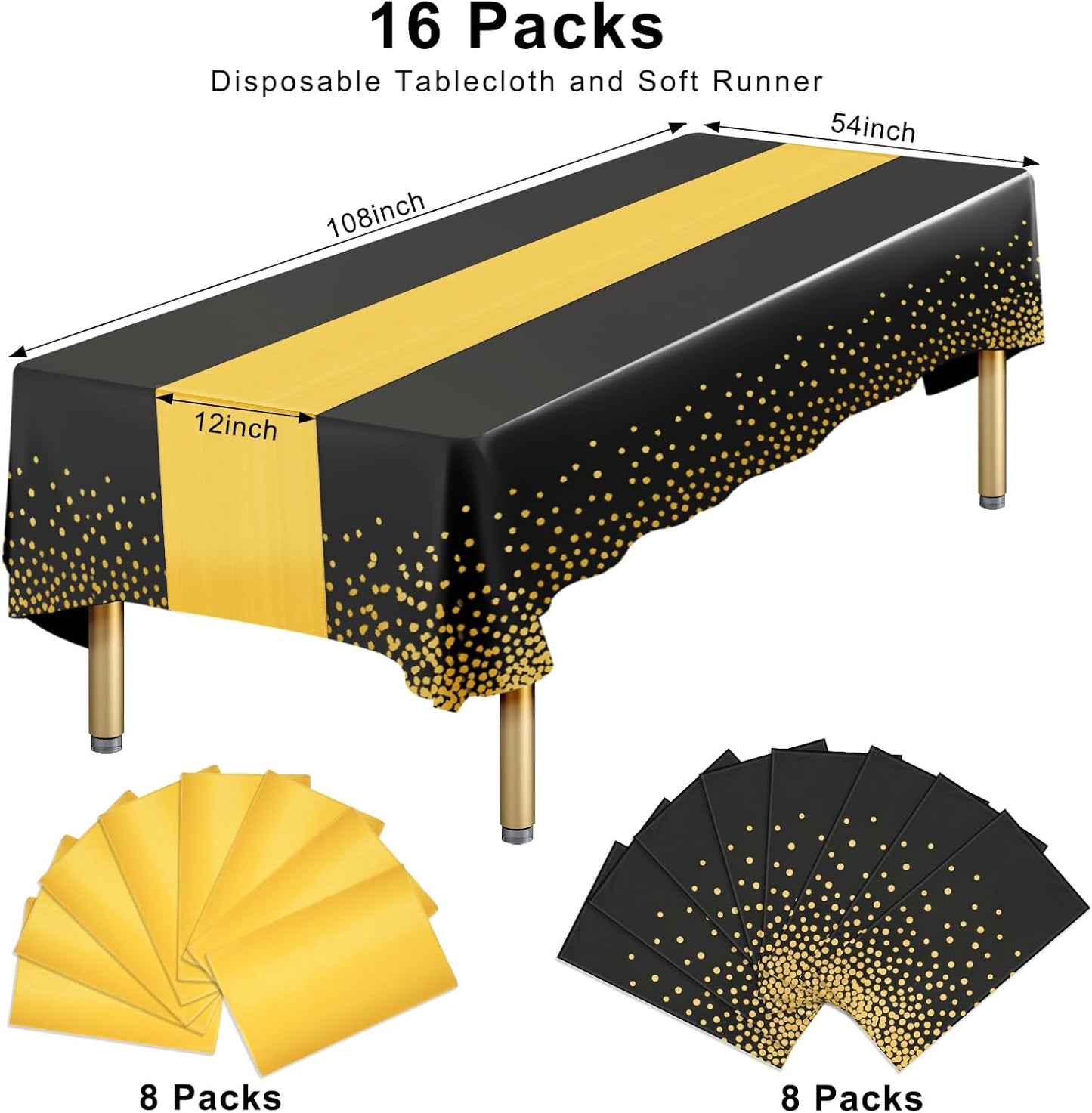 16 Packs Disposable Rectangle Tablecloth and Satin Table Runner, Black and Gold Plastic Table Cloths for Parties Table Cover for Birthday Wedding Anniversary Christmas New Year Party Decorations