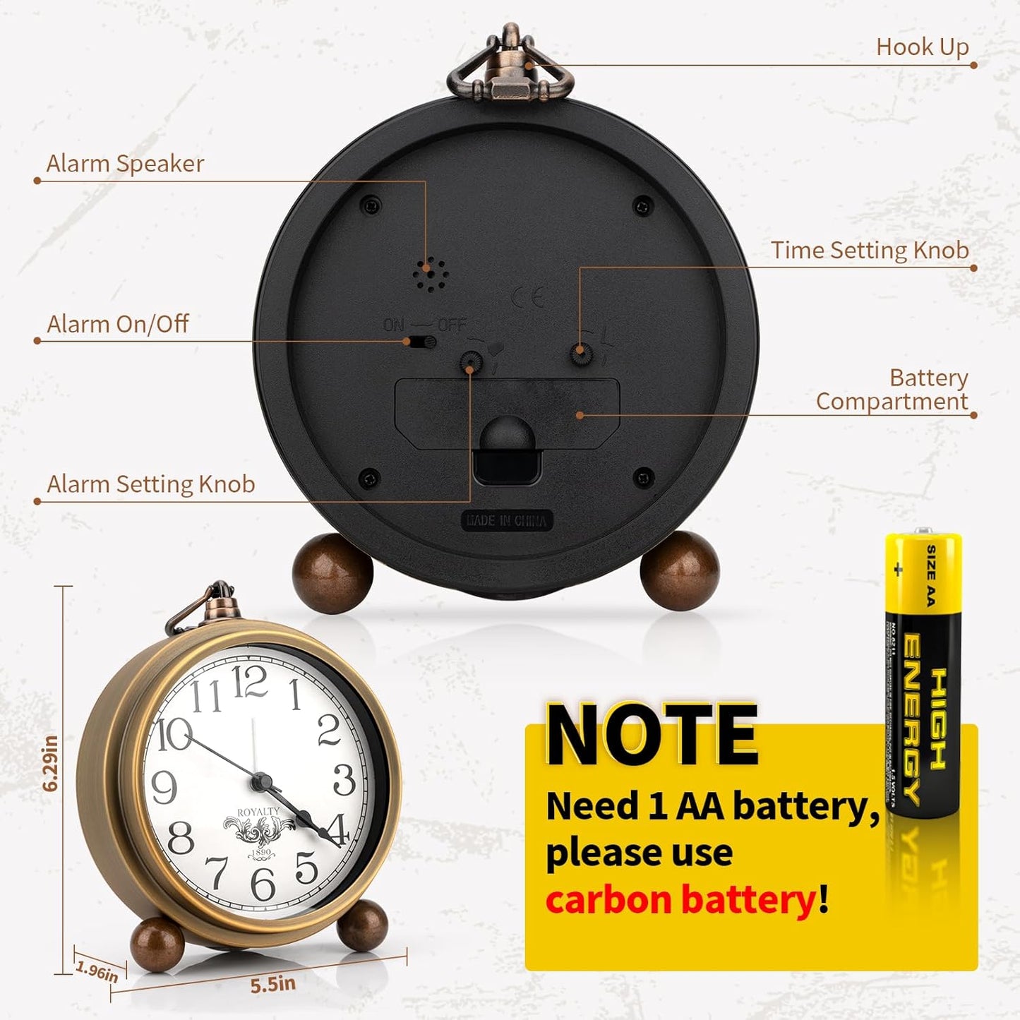 Maxspace Metal Golden Table Clock, Retro Vintage Non-Ticking Small Alarm Clock,Battery Operated Silent Quartz Movement HD Glass Desk Clock for Bedroom Living Room Indoor Decoration Kids… (Arabic2)