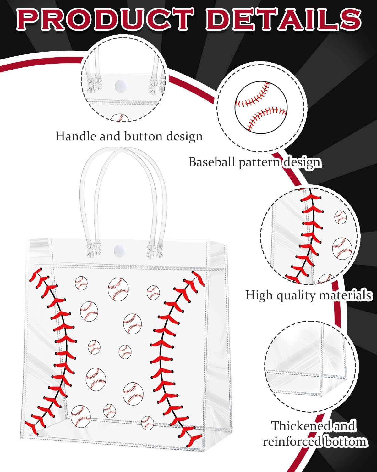 24 Pieces Baseball Clear PVC Gift Bag with Handles Transparent Baseball Treat Goodie Bags 8 x 8 x 3.2Inch Sport Theme Party Favor Bag for Birthday Holiday Sports Team (baseball)
