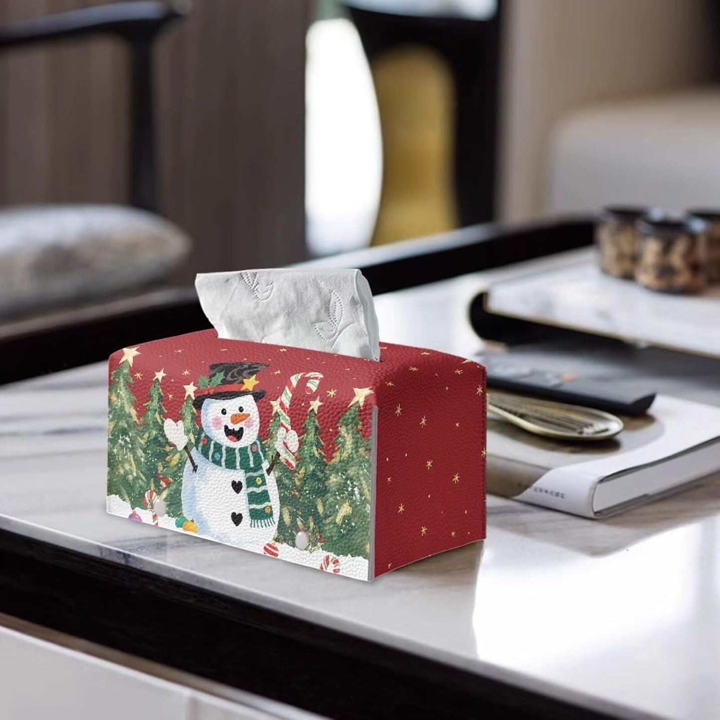 Cute Snowman Tissue Box Cover Cube Christmas Tissue Box Holder Waterproof Leather Facial Paper Organizer Holiday Decor for Bedroom Living Room Bathroom