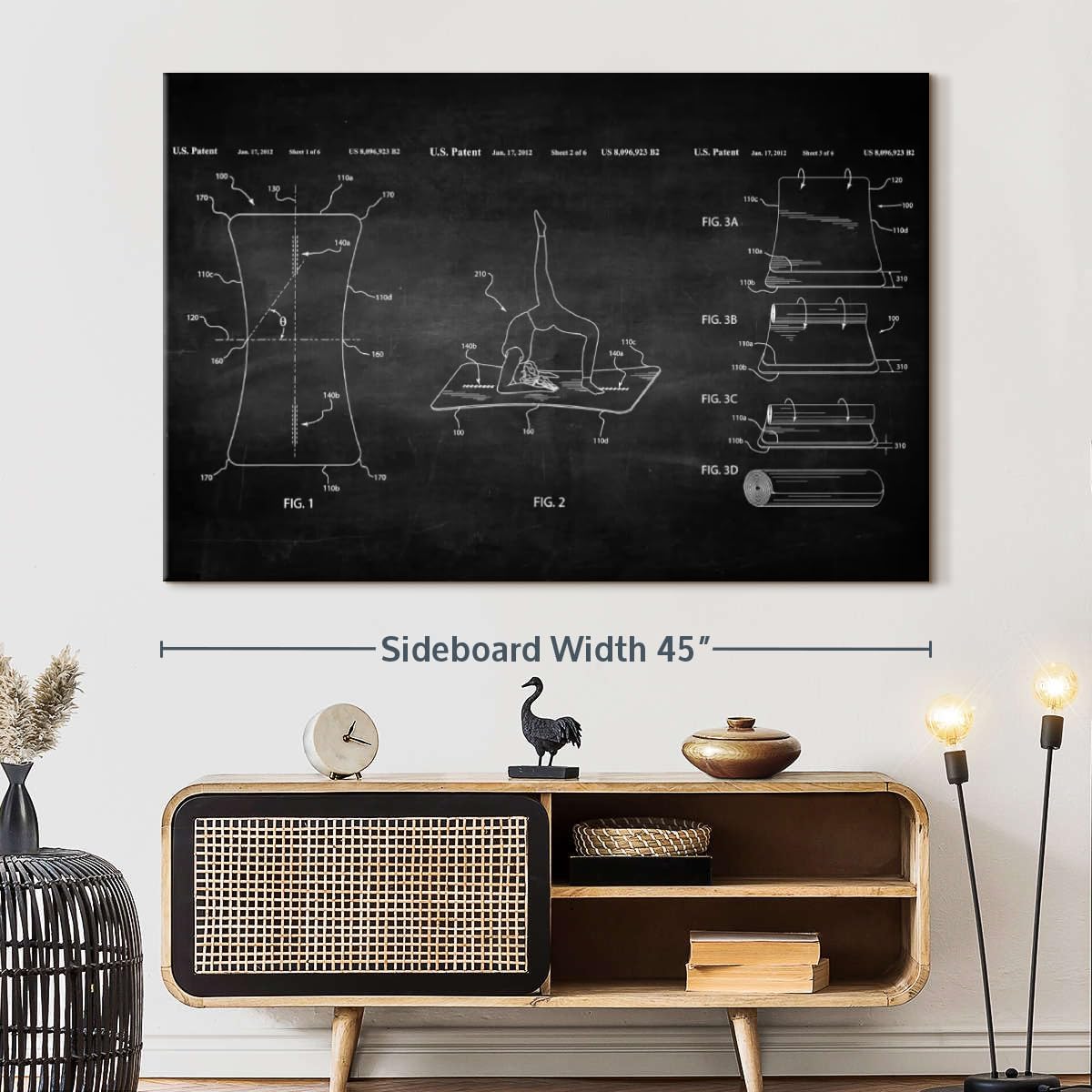 ElephantStock Exercise Mat BW Patent Wall Art - Horizontal Wrapped Canvas - 1-Piece Living Room Wall Decor - Digital Art Patent Canvas Print - Black and White Decor - 45" X 30"