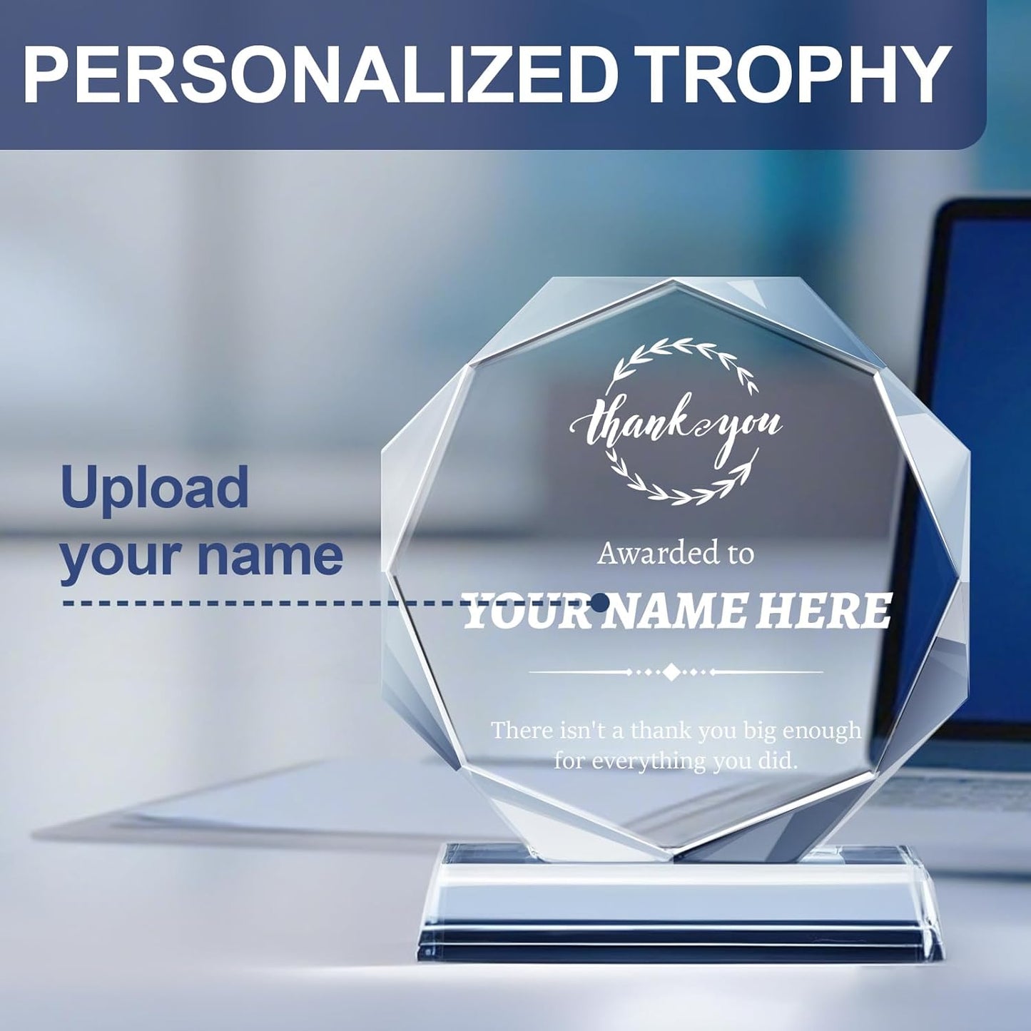 Personalized Crystal Trophy Award - Custom Plaque w/Engraved Text Logo - Employee Appreciation Gifts, Farewell Retirement Gifts - Custom Trophy and Employee Recognition Awards