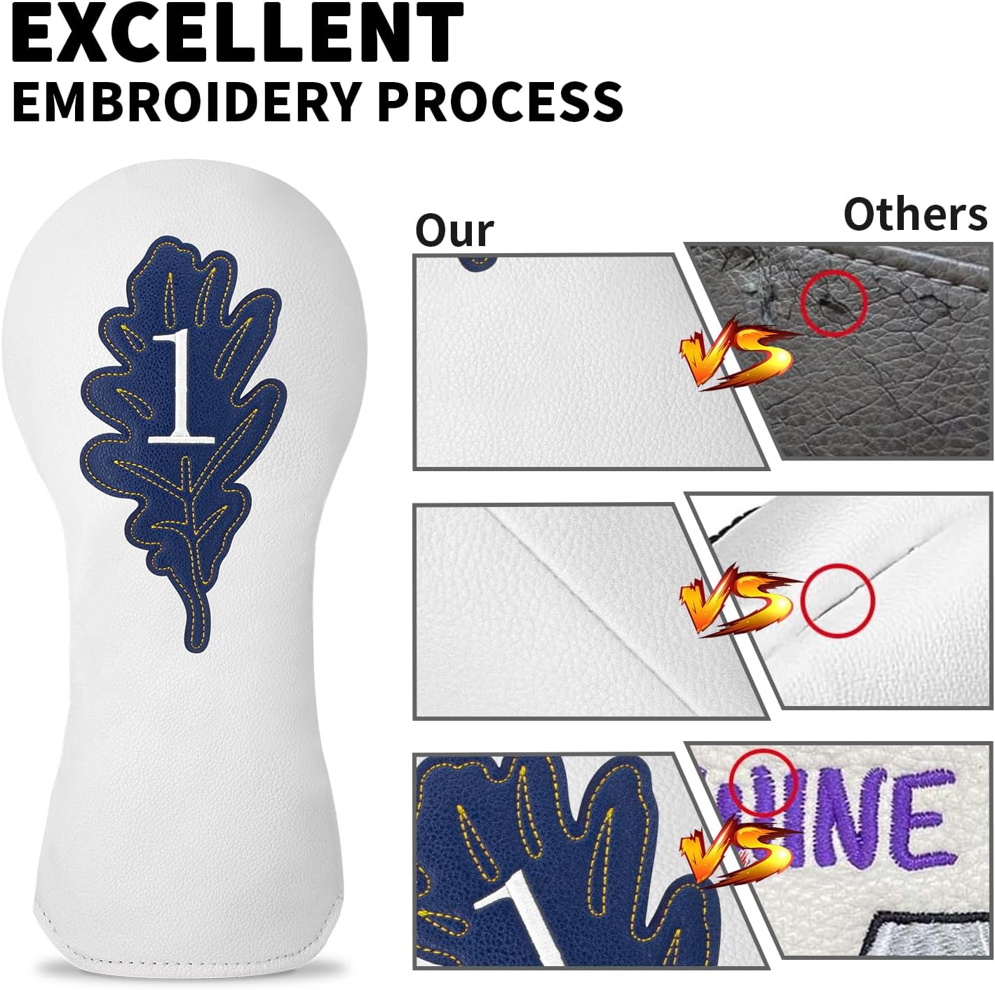 Golf Maple Leaves Head Cover Golf Club White Leather Headcovers Set Fits Driver Fairway Wood Hybrid Utility Putter Iron Wedge Headcover.