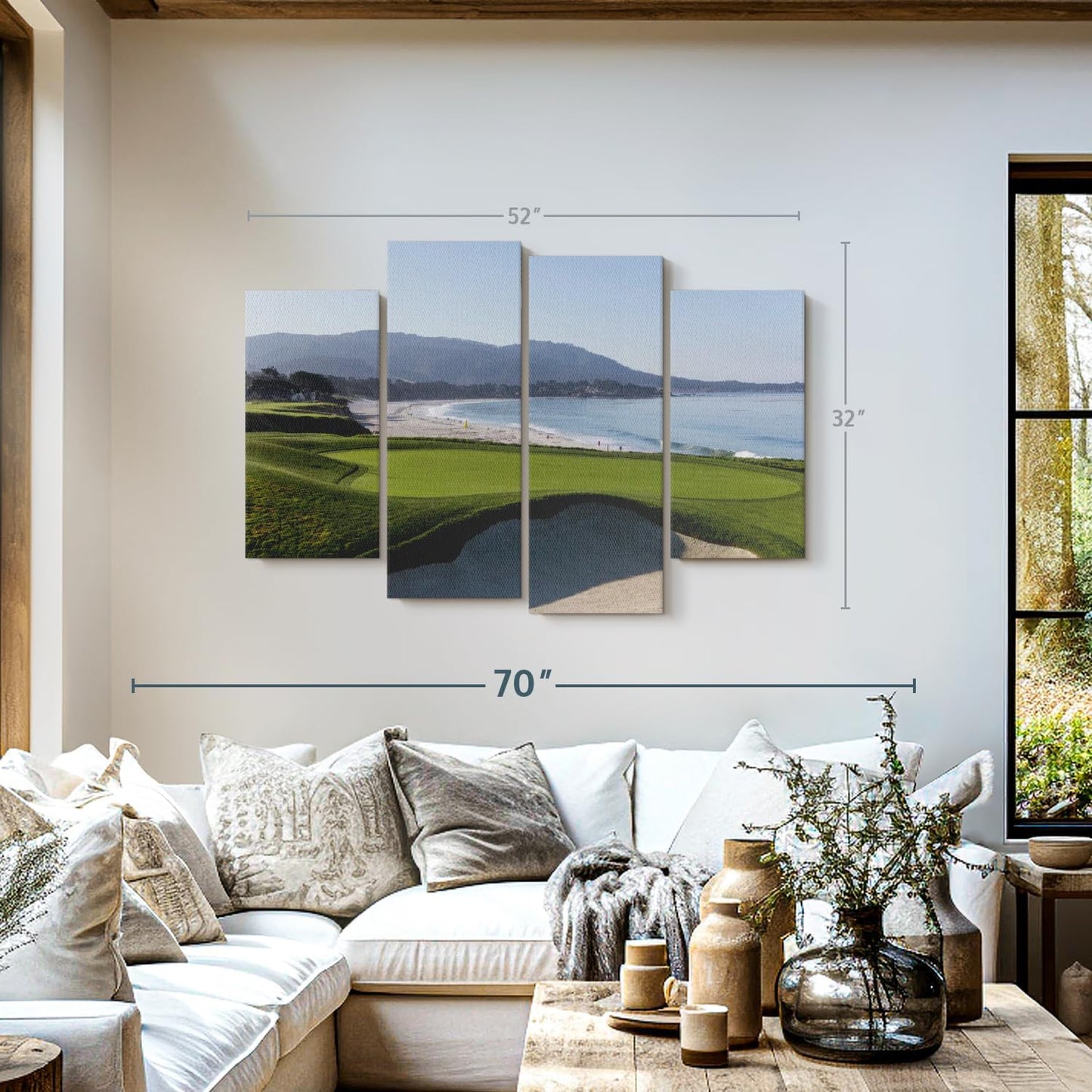 Elephant Stock Monterey CA Golf Course Wall Art - Horizontal Canvas - 4-Piece Living Room Wall Decor - Photography Sports Canvas Print - Blue and Green Decor for Wall - 52" X 32"