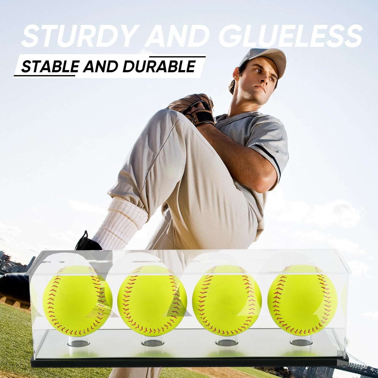 Softball Display Case for 4 Pack in one,Acrylic Baseball Holder Display Stand,Golf Ball Display Case,Clear Display box for Tennis Ball Sports Ball Storage with Base and Mirror Base(need Self-assembly)
